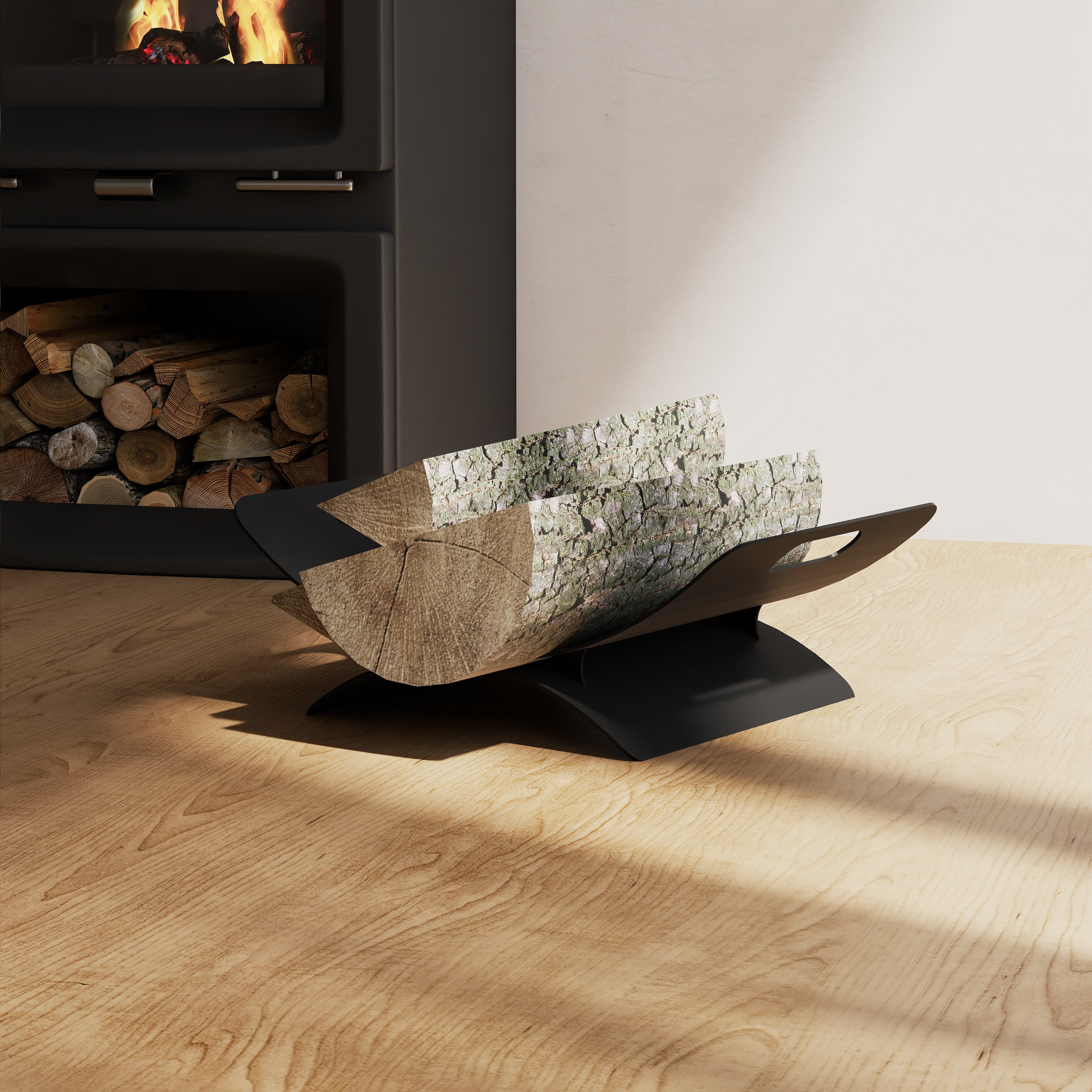 Cos pentru lemne din otel vopsit electrostatic, model C, 50x35x18 cm, design minimalist, ideal pentru semineu