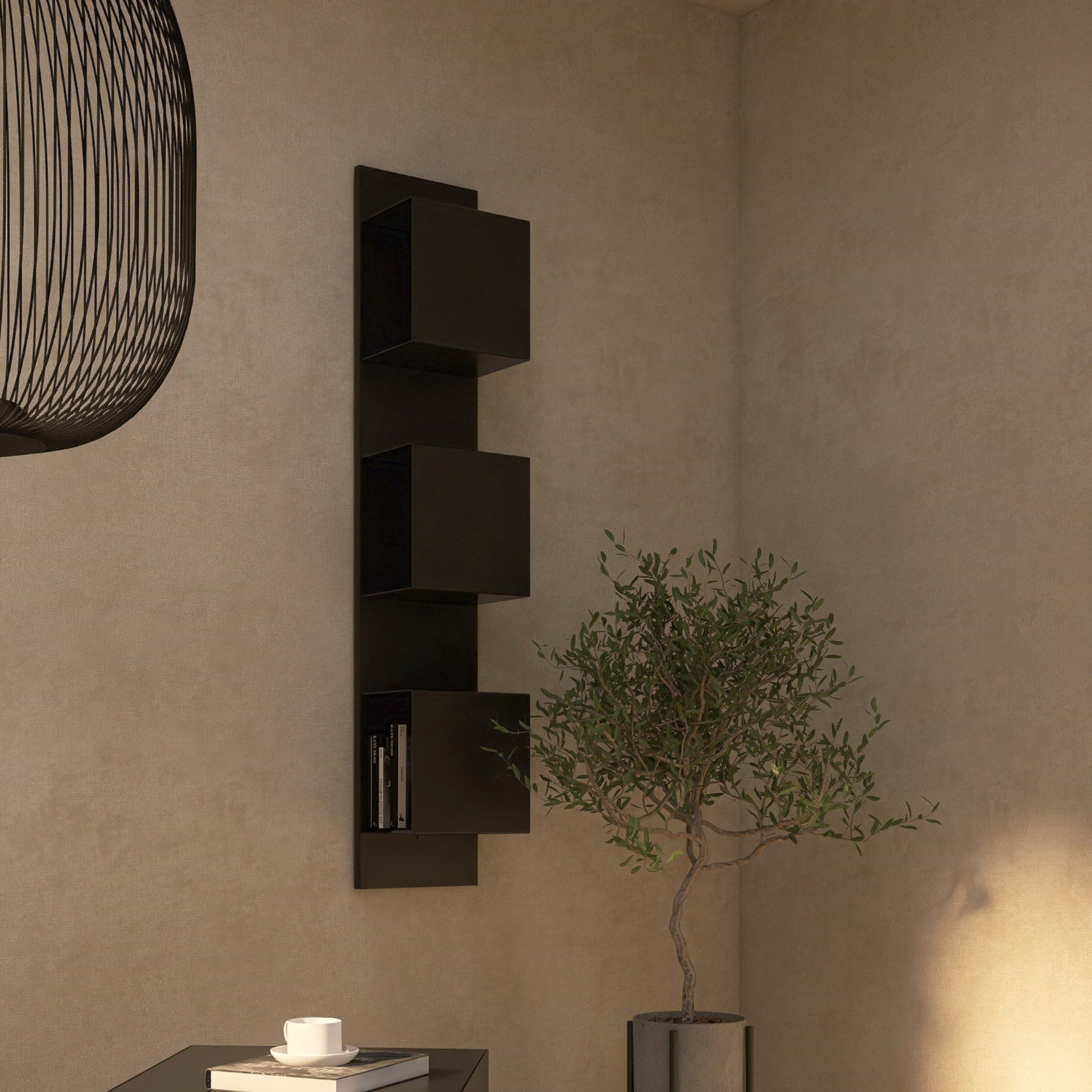 Bibliotecă KUBIQUE 1 montaj vertical, structură oțel și aluminiu, forme geometrice pure pentru interior modern