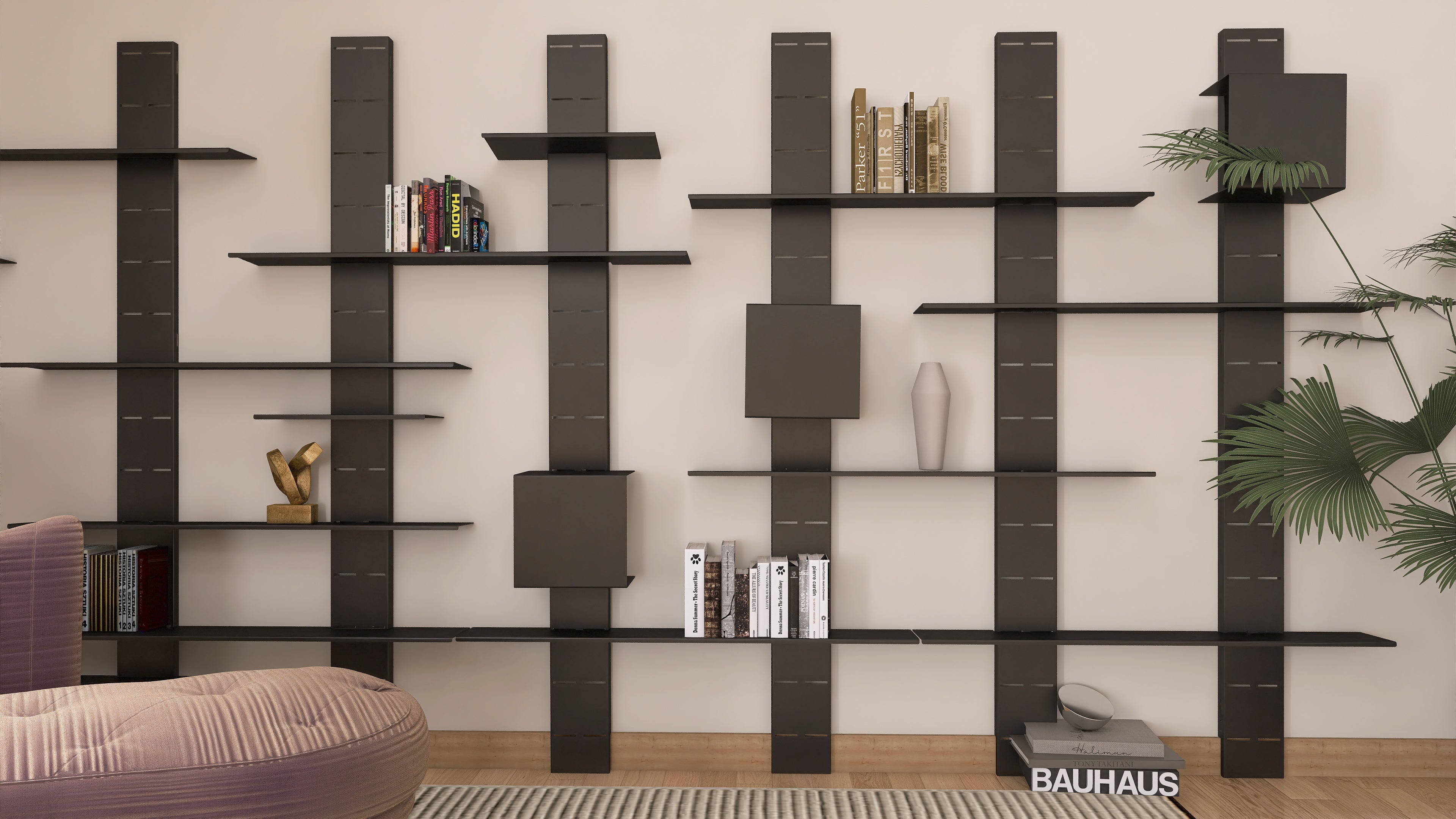 Biblioteca metalică No Limits, cu design modular și rafturi detașabile, ideală pentru decoruri moderne și soluții de depozitare flexibile.