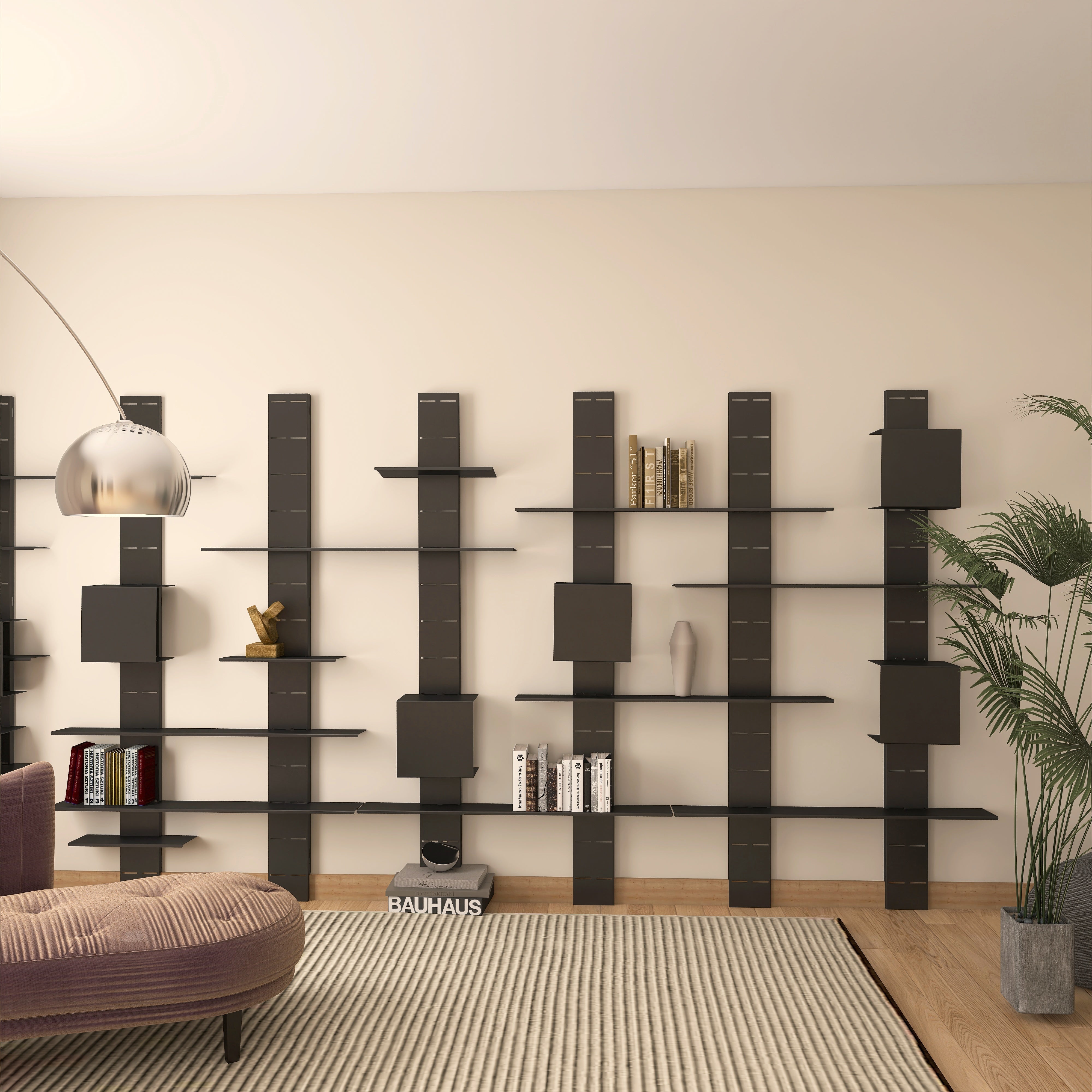 Biblioteca metalica NO LIMITS  design flexibil si personalizat, cu structura din otel si polite din aluminiu detasabile, ideala pentru living, dormitor sau birou- mono