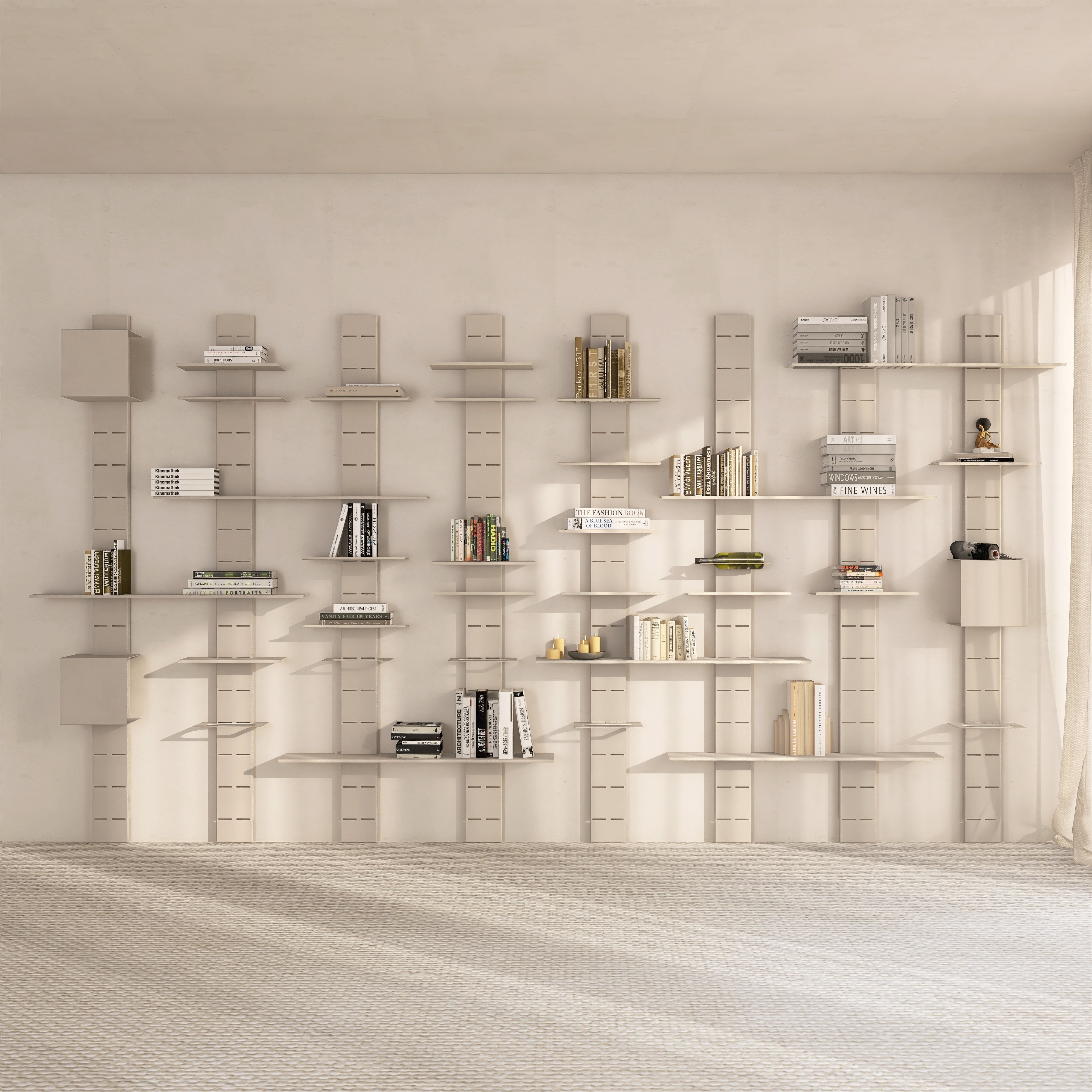 Biblioteca metalica NO LIMITS  design flexibil si personalizat, cu structura din otel si polite din aluminiu detasabile, ideala pentru living, dormitor sau birou- mono