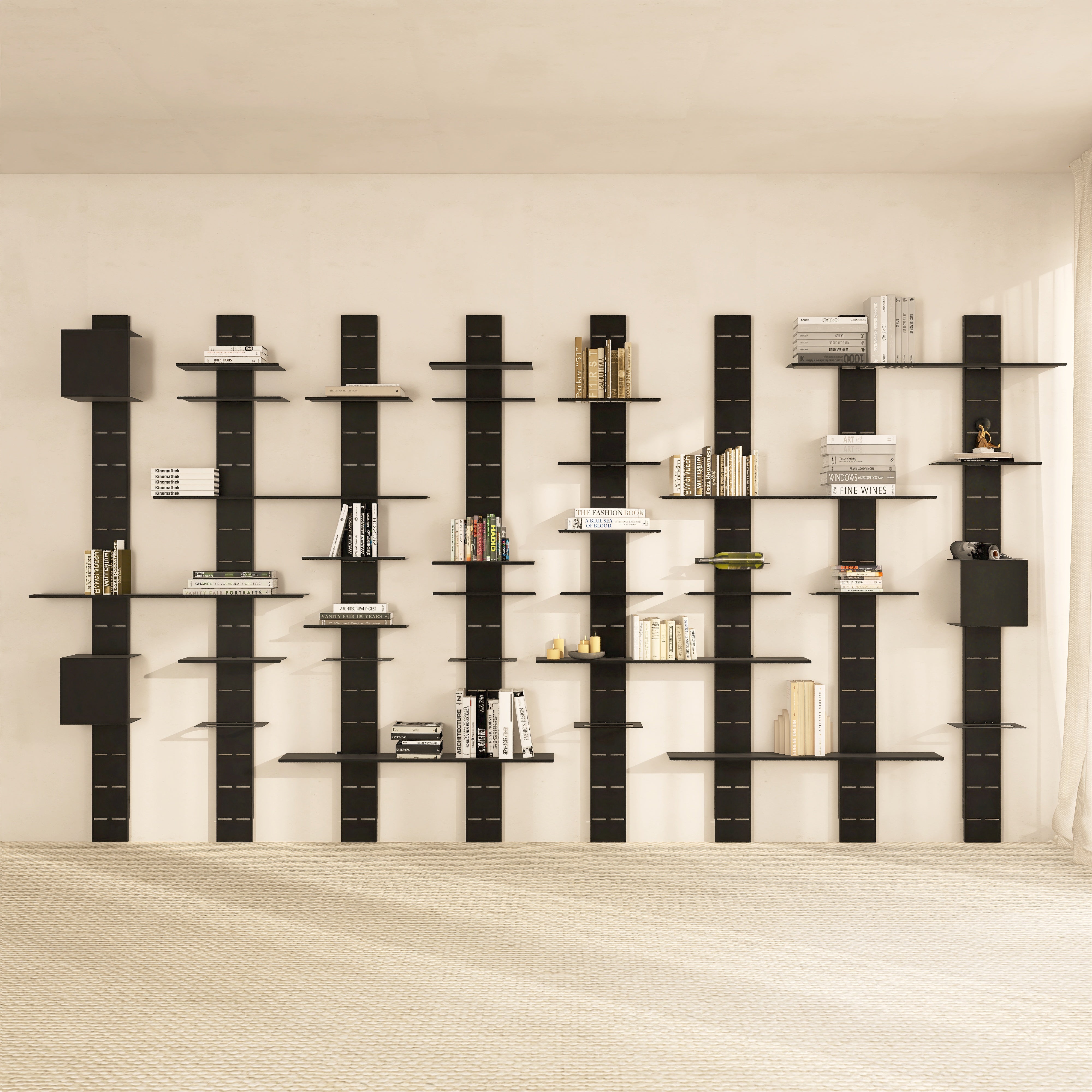 Biblioteca metalica NO LIMITS  design flexibil si personalizat, cu structura din otel si polite din aluminiu detasabile, ideala pentru living, dormitor sau birou- mono