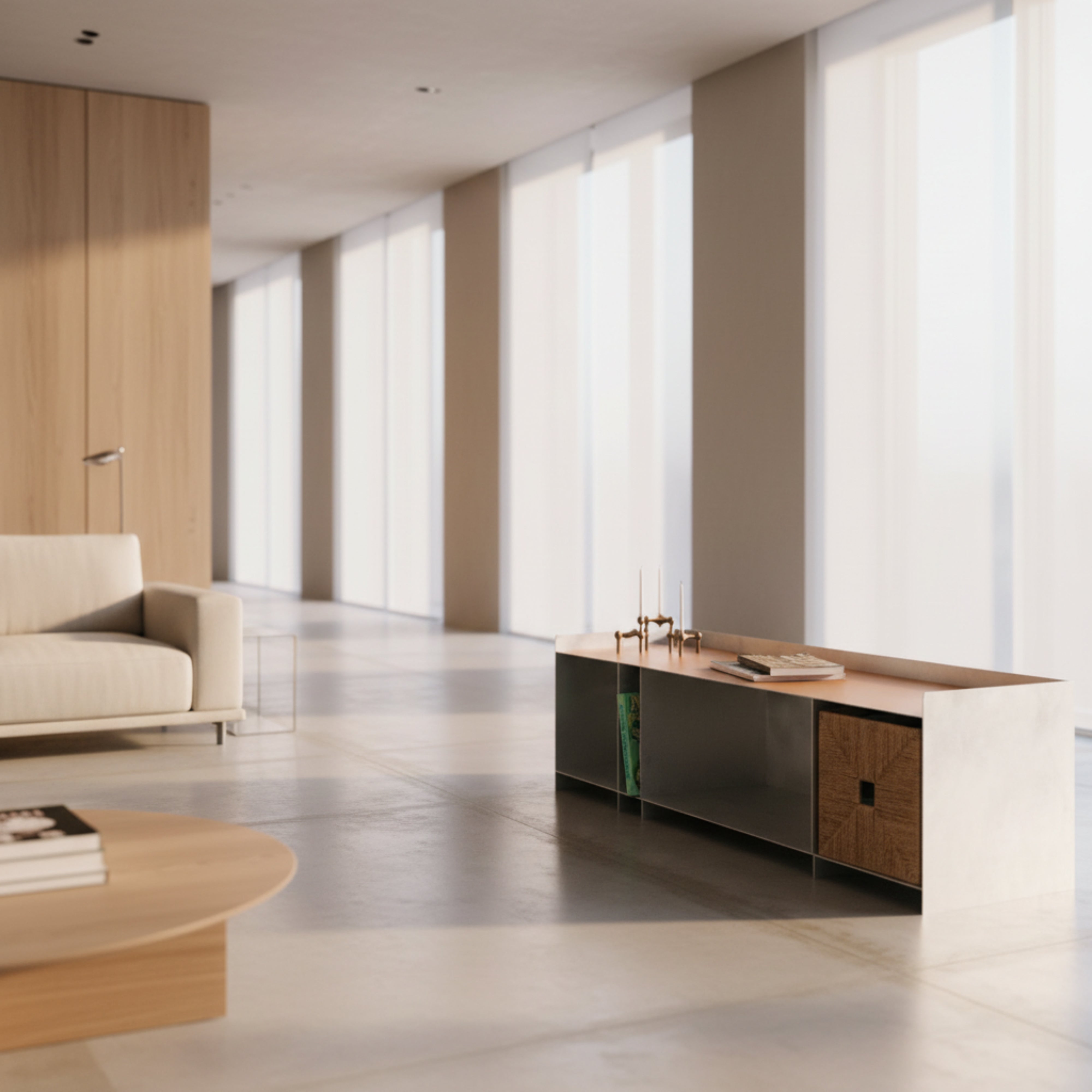 Comoda Kubique din aluminiu finisat manual, cu piele, ideală pentru living pentru depozitare viniluri