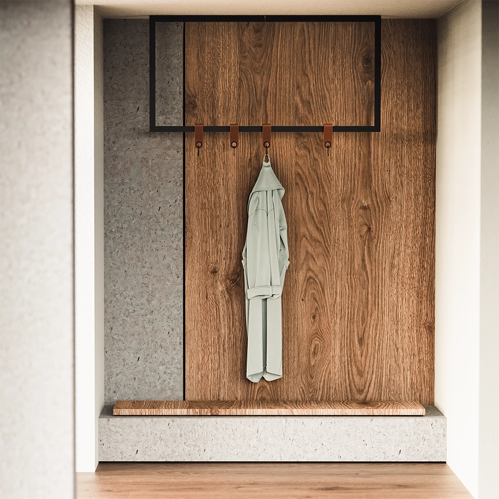 Cuier metalic WINDOW design elegant si practic, cu agatatori din piele naturala, ideal pentru hol- mono