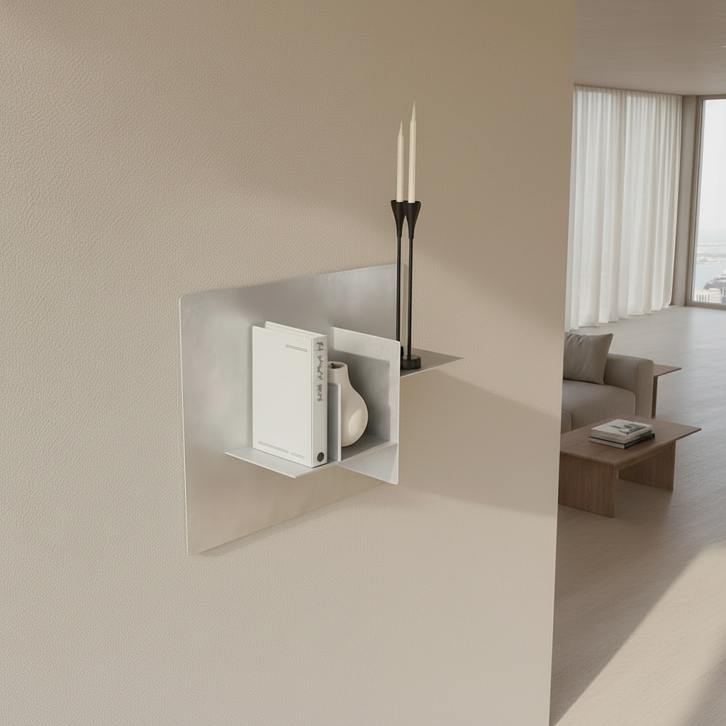 Etajeră Aluminiu RAW pentru Living, din aluminiu autentic cu nuanțe și reflexii subtile