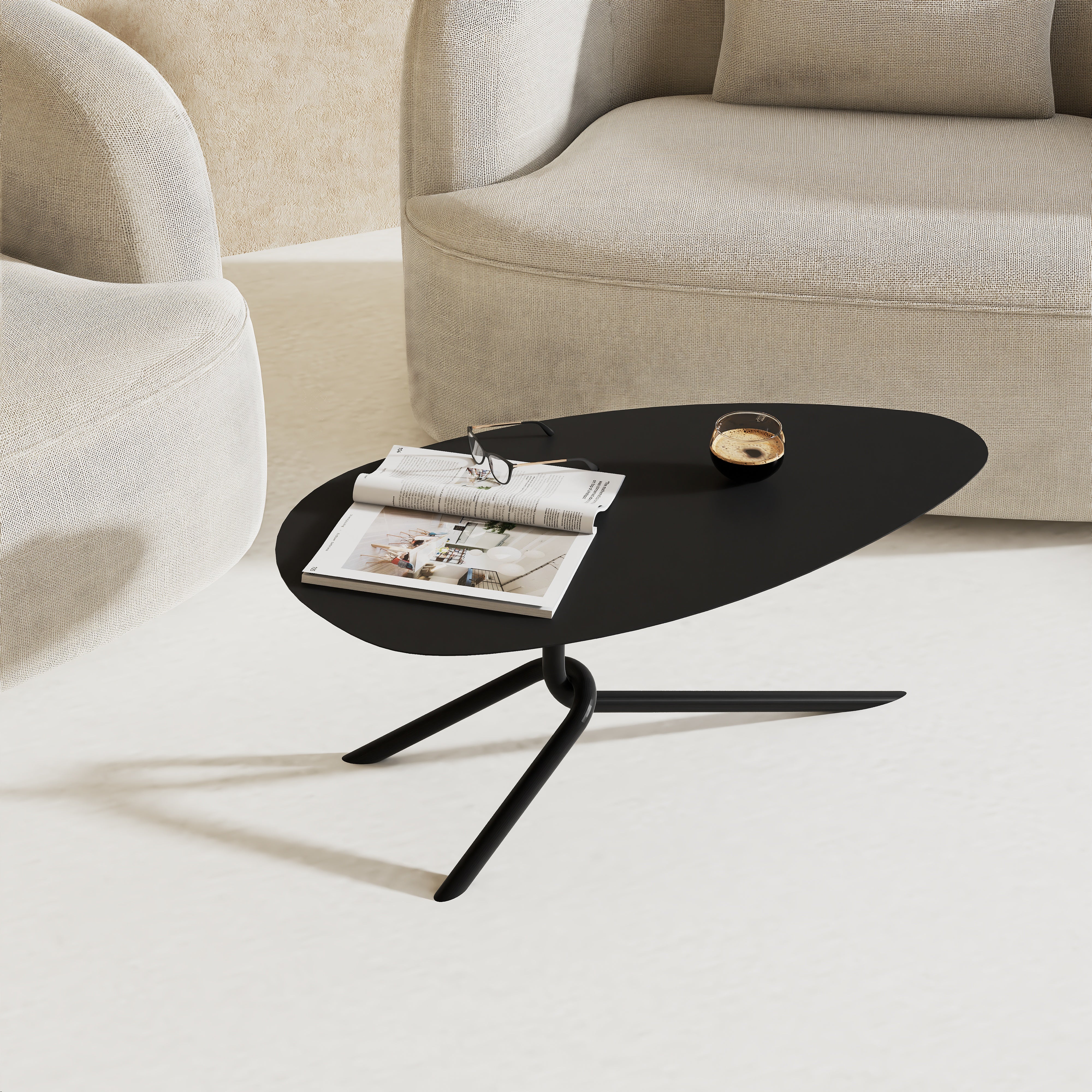 Măsuță metalică EGG cu design organic, vedere frontală, finisaj vopsire electrostatică premium