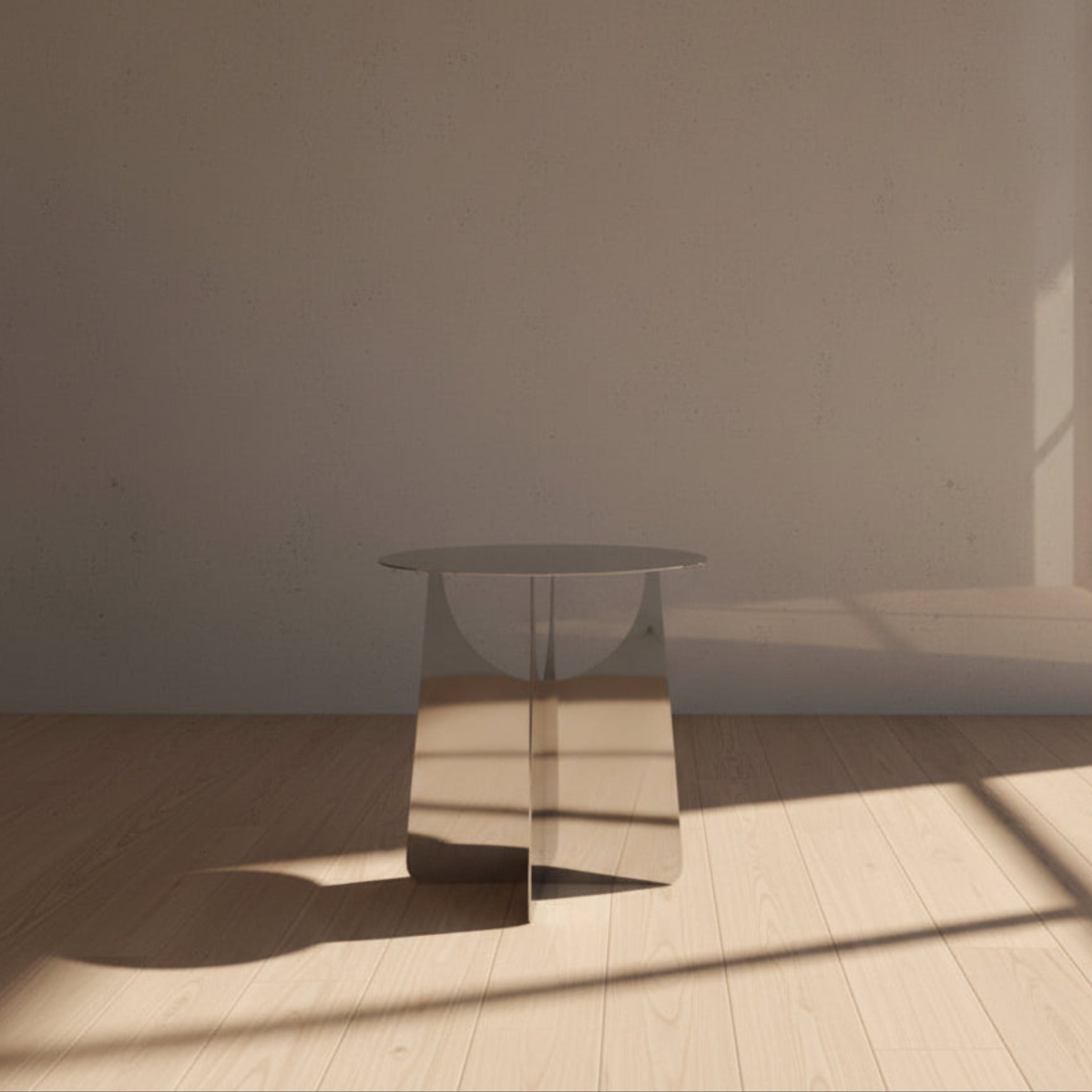 Măsuță metalică Abyss cu finisaj inox oglindă blur, vedere frontală, fotografie studio
