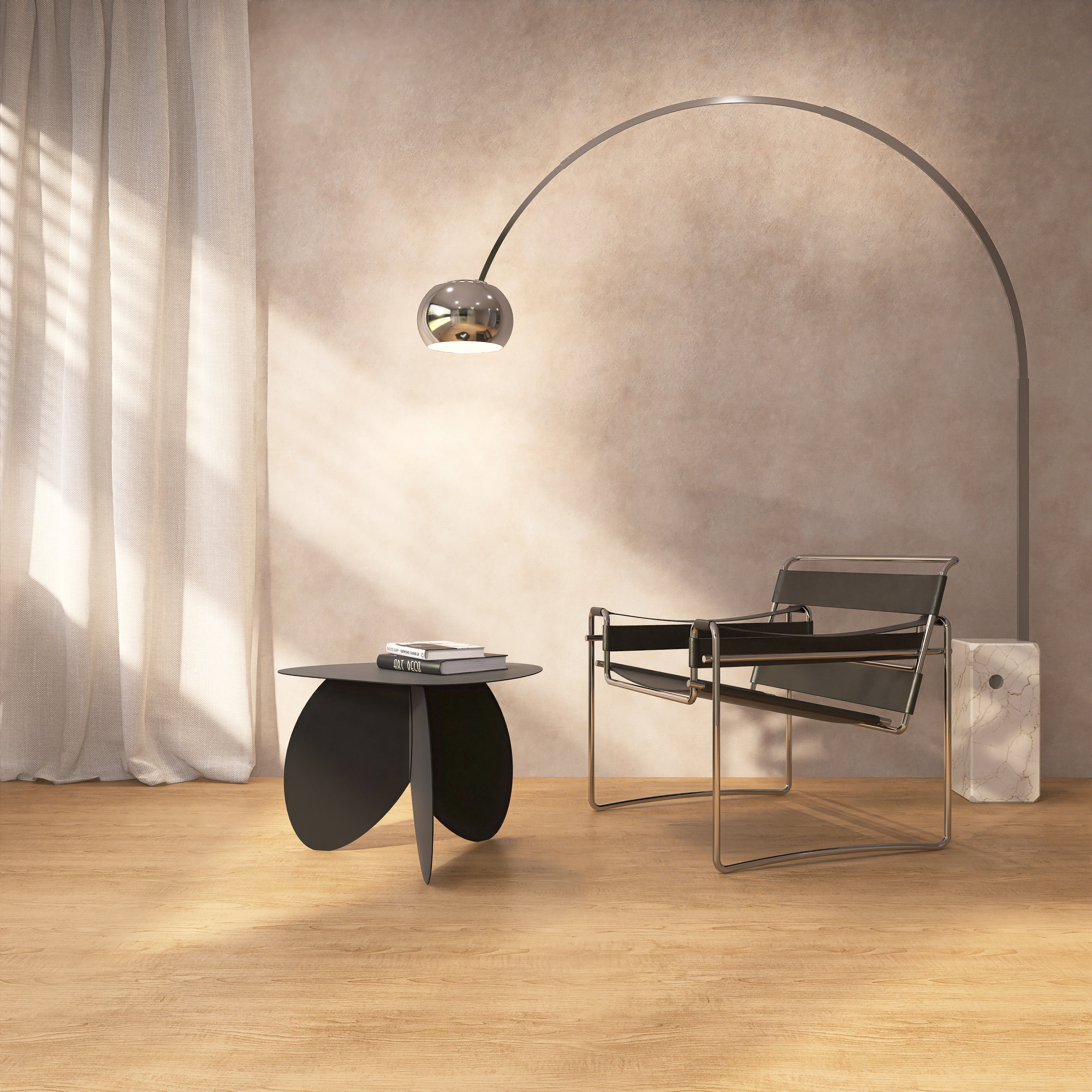 Masuta metalica FLOWER design delicat cu linii ondulate inspirate de petalele unei flori, ideala ca masuta de cafea - mono