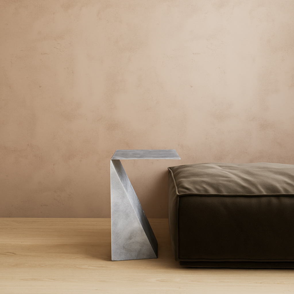 Măsuță SWEETY aluminiu finisat manual, design minimalist cu linii curate, reflexii subtile industrial-elegante pentru living modern