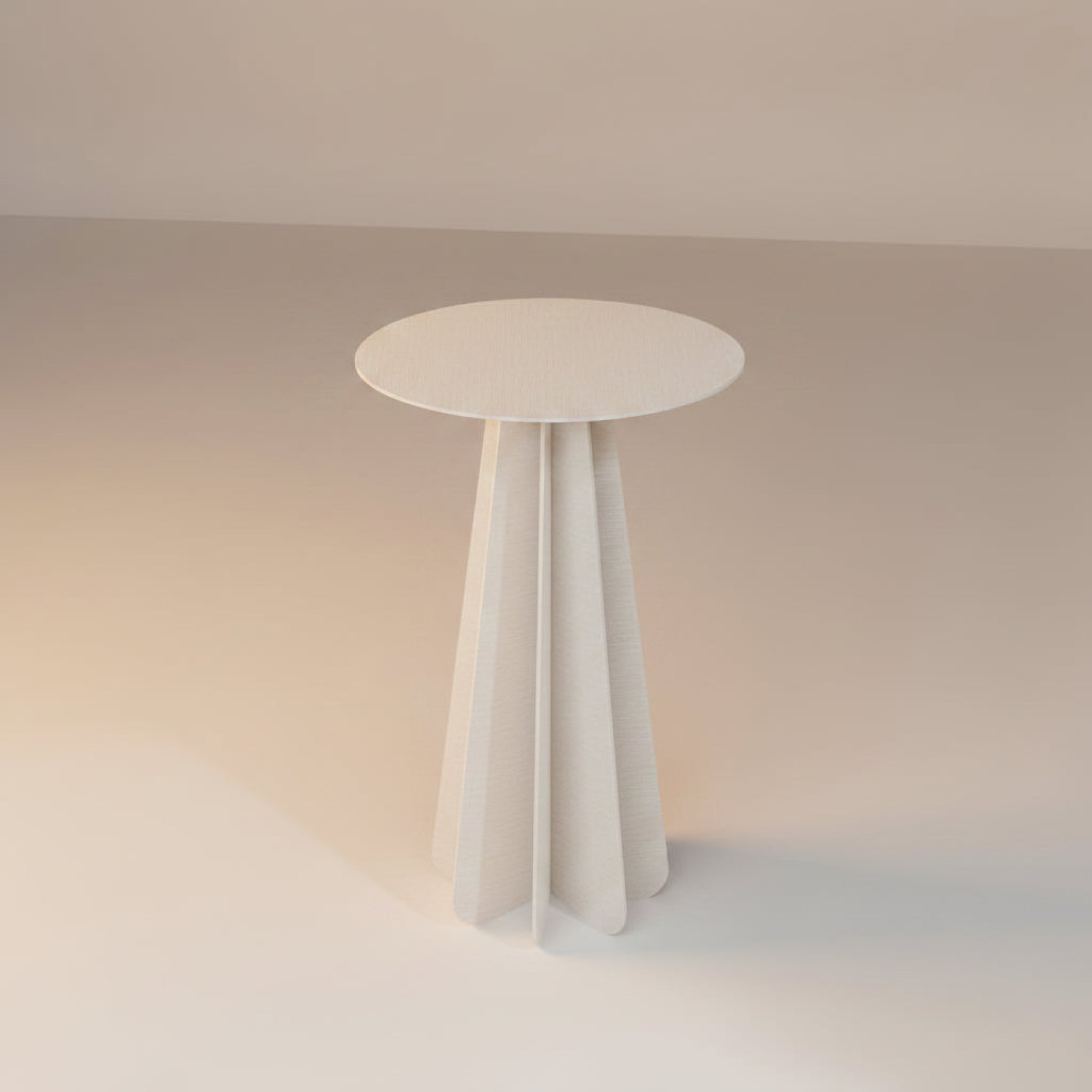 Măsuță metalică VORTEX cu finisaj powder-coated alb texturat, design sculptural pentru living modern