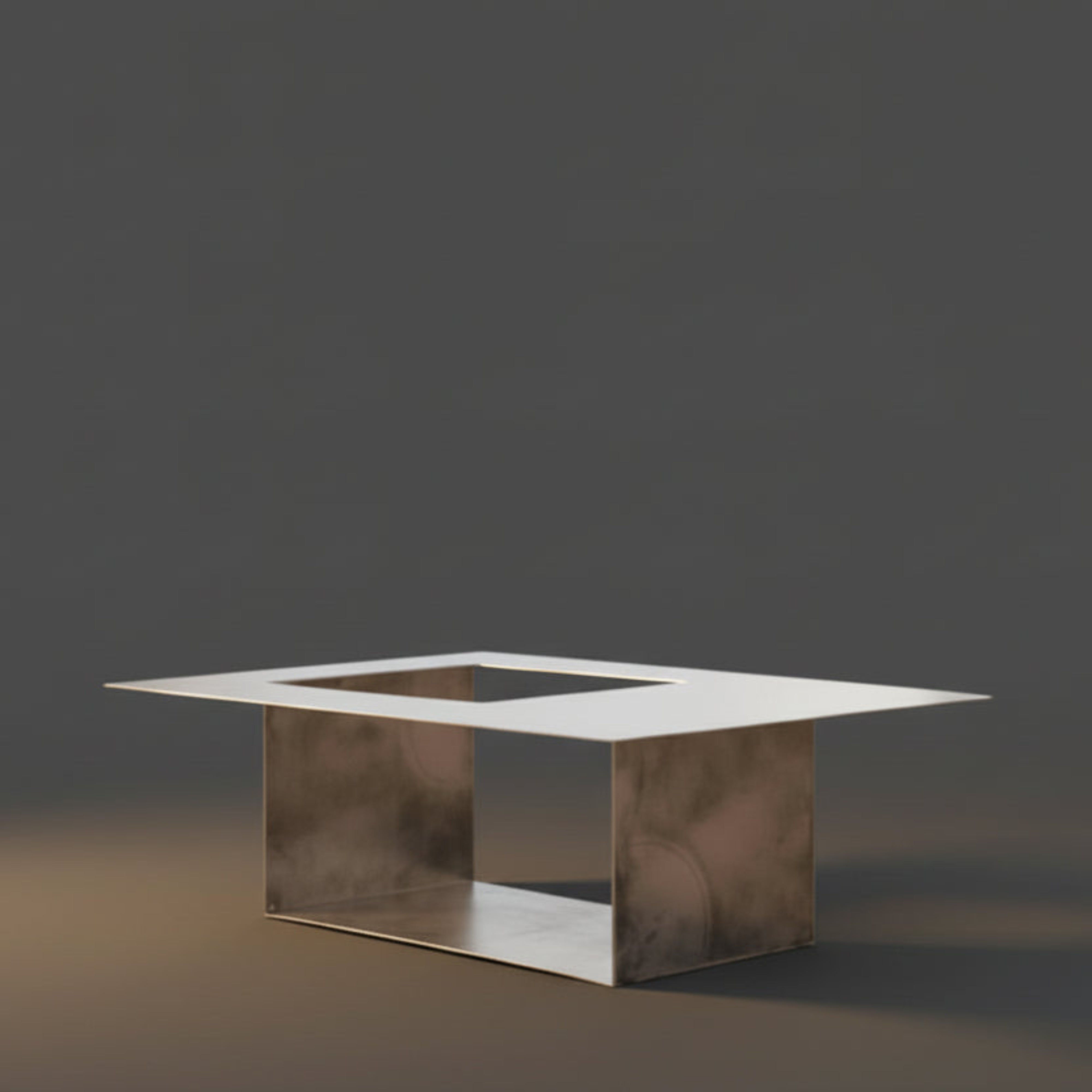 Măsuță SOUND din aluminiu finisat manual - spațiu vinyluri, taviță mobilă, design simplu, întoarcere la esență