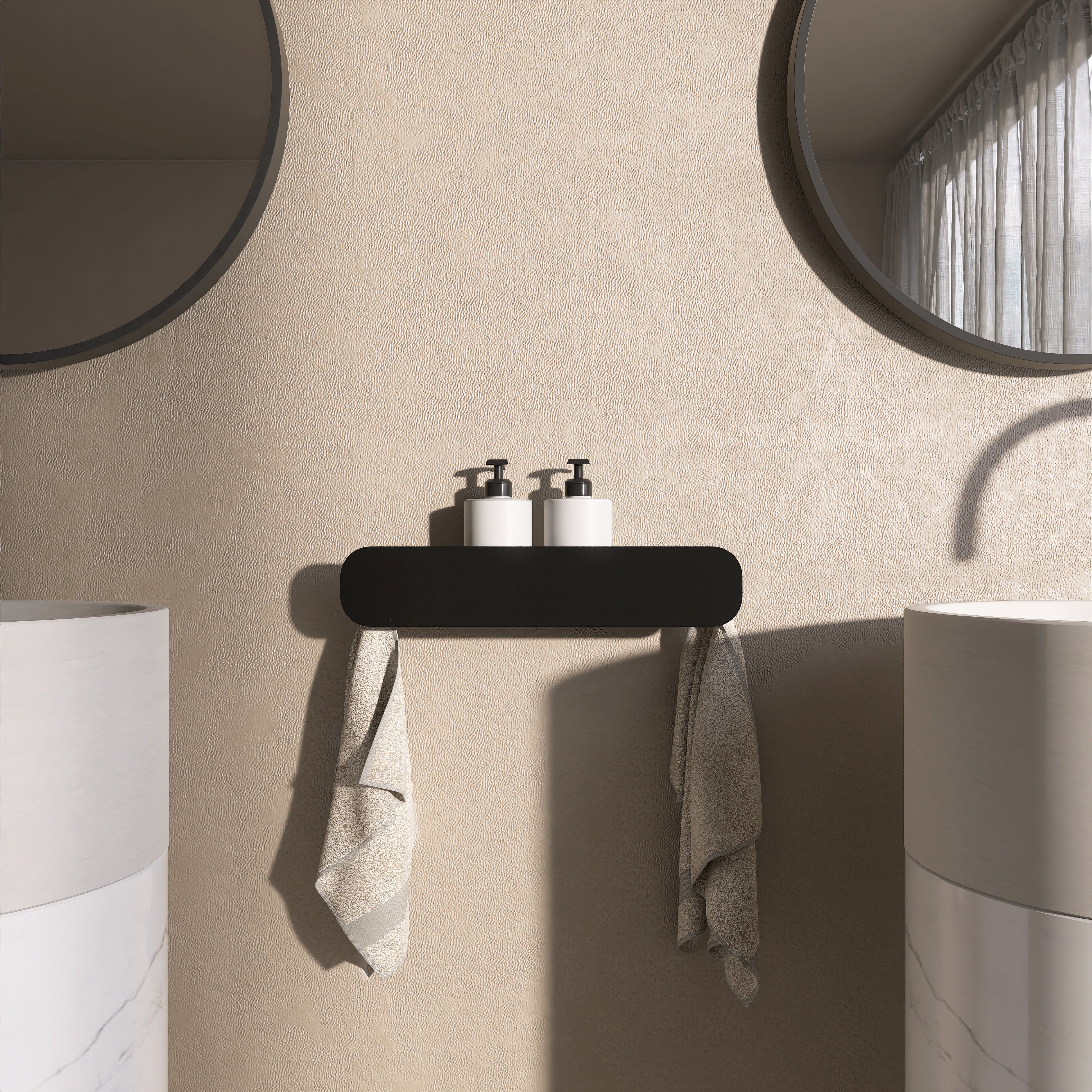 Polita metalica HIDE 5 pentru baie, cu agatatori laterale pentru prosop, design modern, dimensiune 40 cm