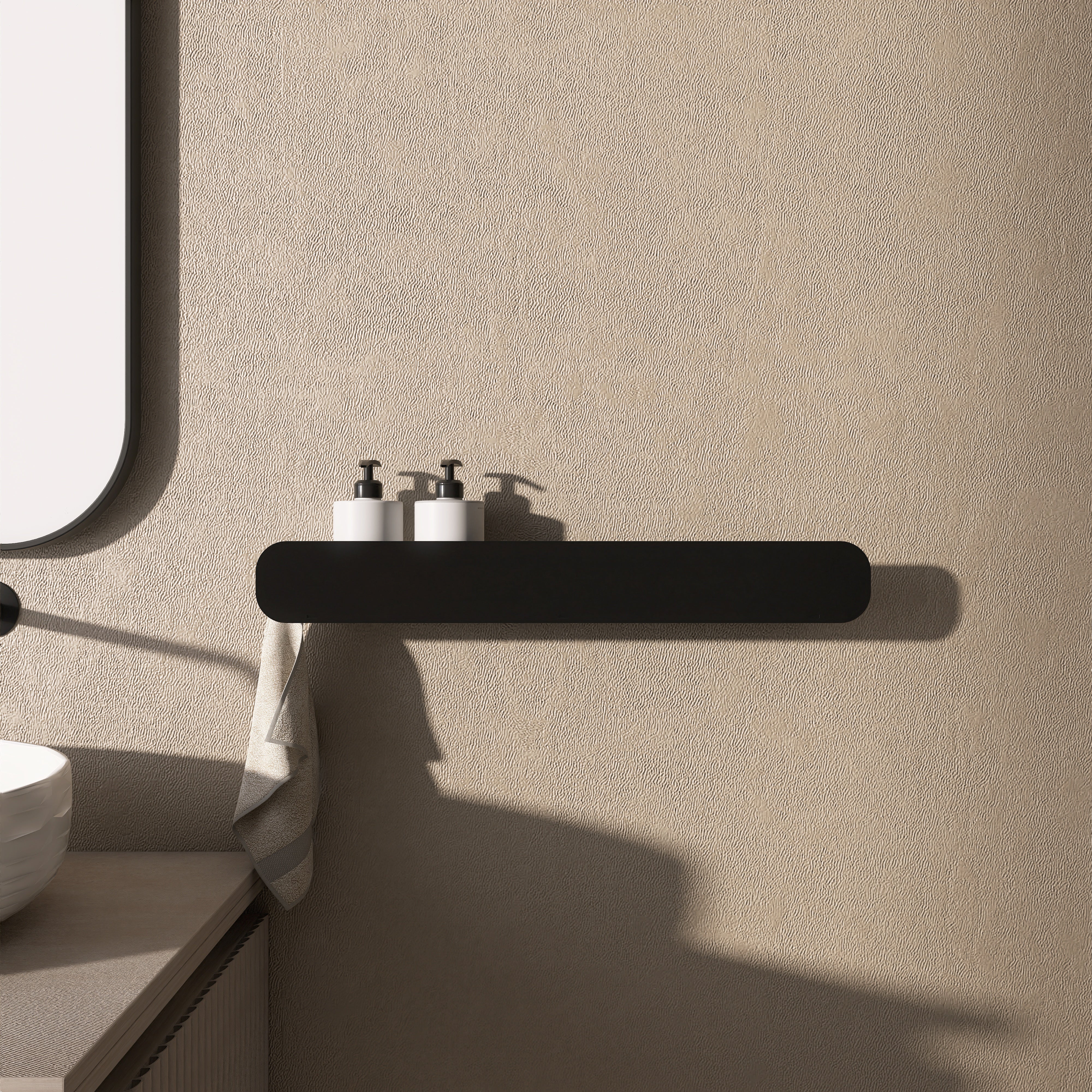 Polita metalica HIDE 5 pentru baie, cu agatatori laterale pentru prosop, design modern, dimensiune 60 cm