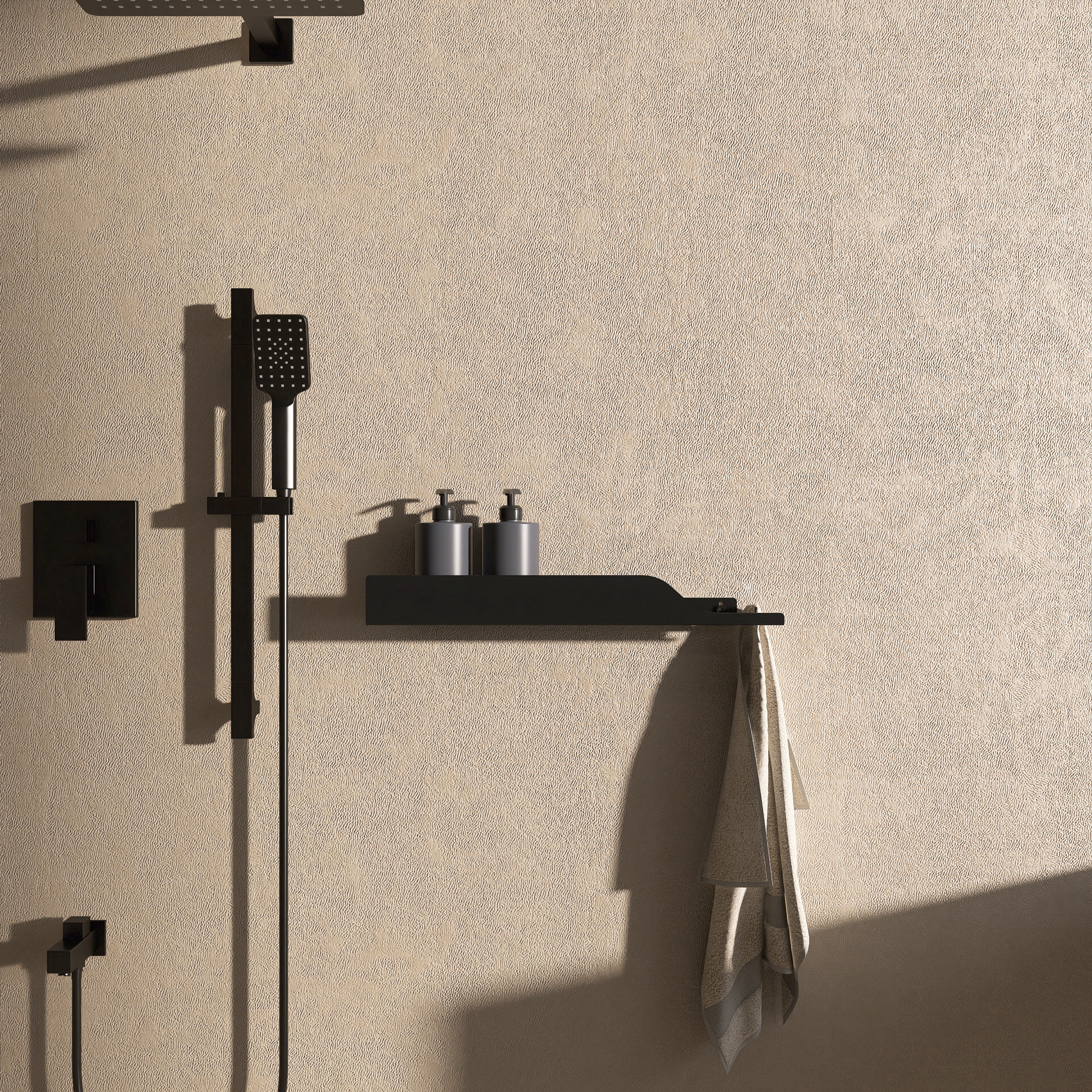 Polita metalica WAVE 5 pentru baie, cu agatatori laterale pentru prosop, design curbat modern, 50 cm