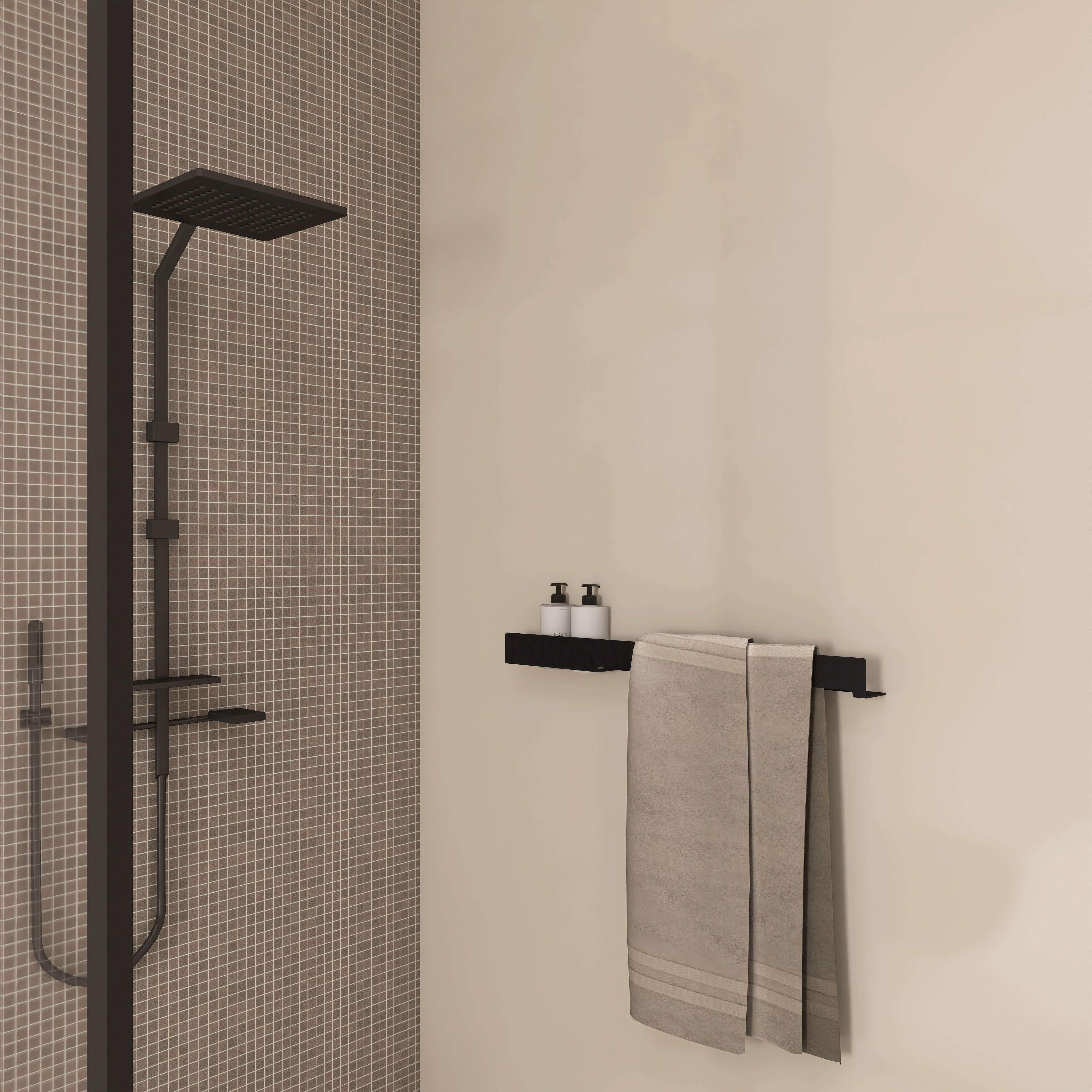 Polita metalica LINE 4 – raft elegant din aluminiu, ideal ca etajera si suport pentru prosoape si produse de igiena, perfecta pentru o baie ordonata si moderna.