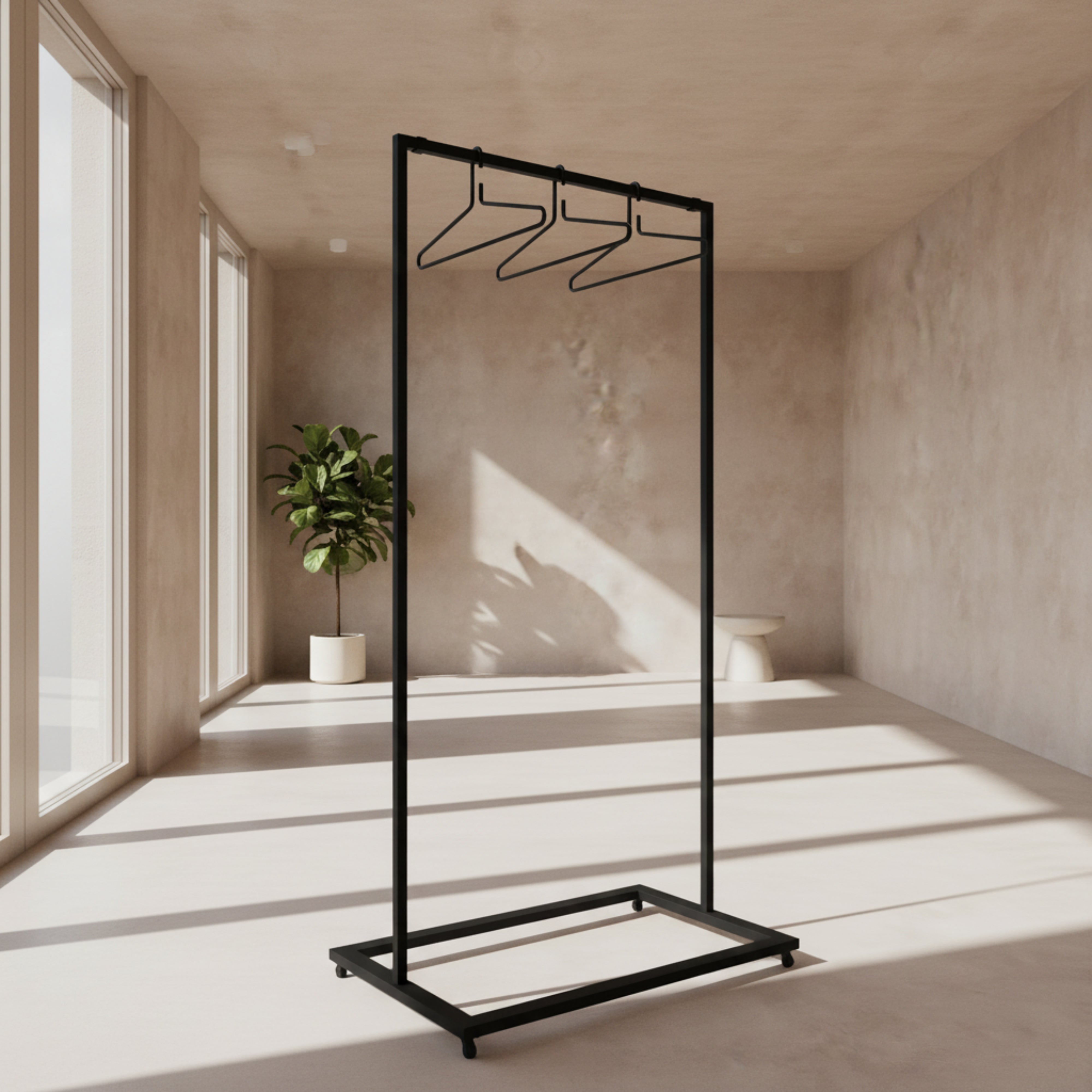 Set suport S1 și umerașe LINE - stander mobil pe roți, rezistent și elegant, perfect pentru hol și dressing