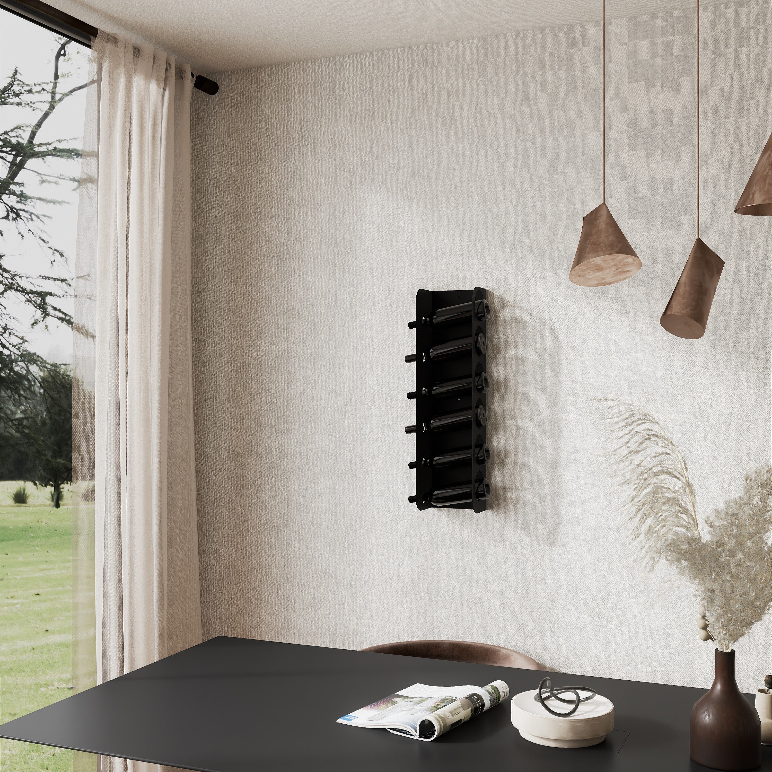 Suport metalic pentru sticle de vin LINE - design minimalist negru mat montat pe perete