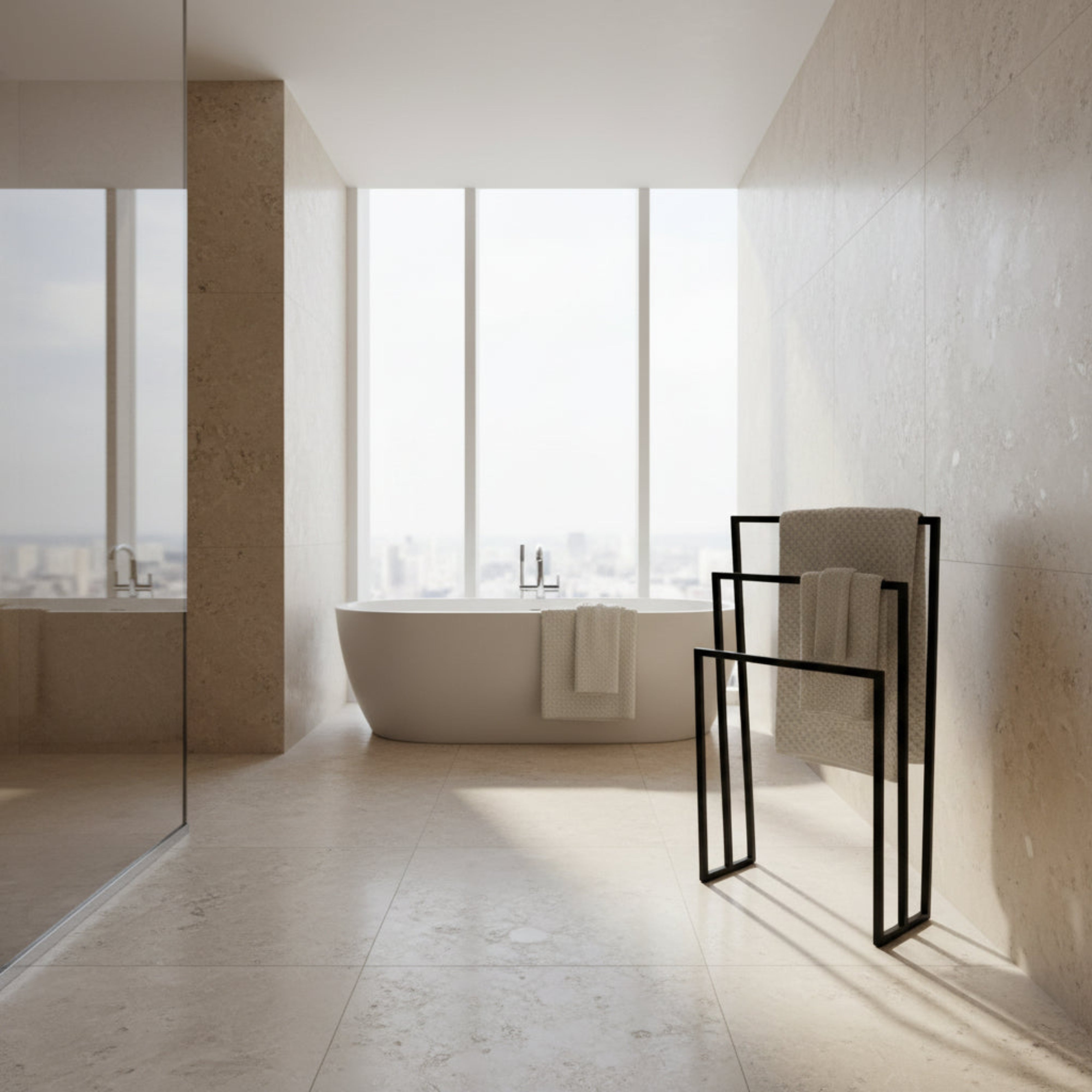 Suport prosoape TRIO oțel - trei bare, design geometric, freestanding, capacitate mare baie