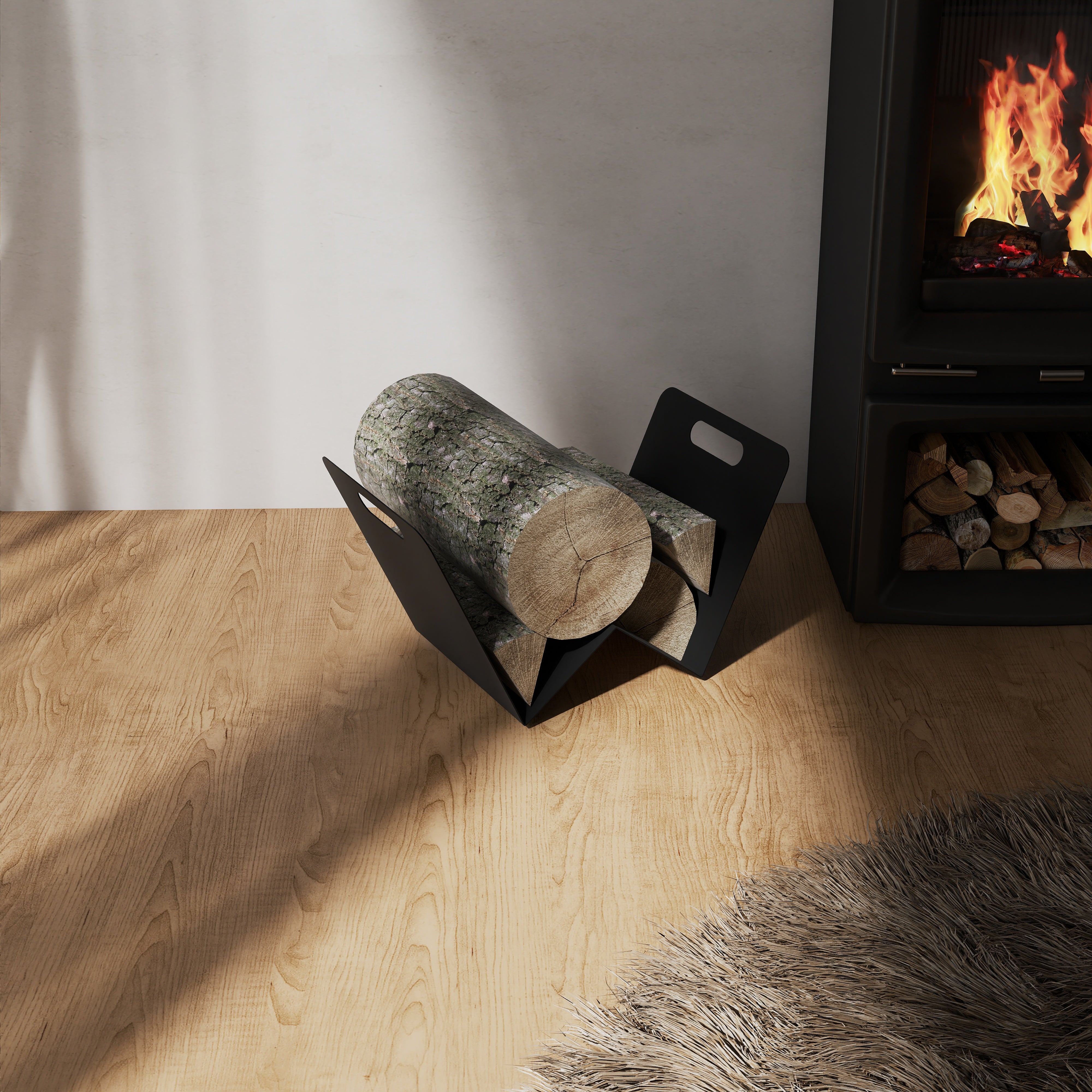 Cos pentru lemne model W din otel vopsit electrostatic, negru mat, 60x35x32 cm, design minimalist