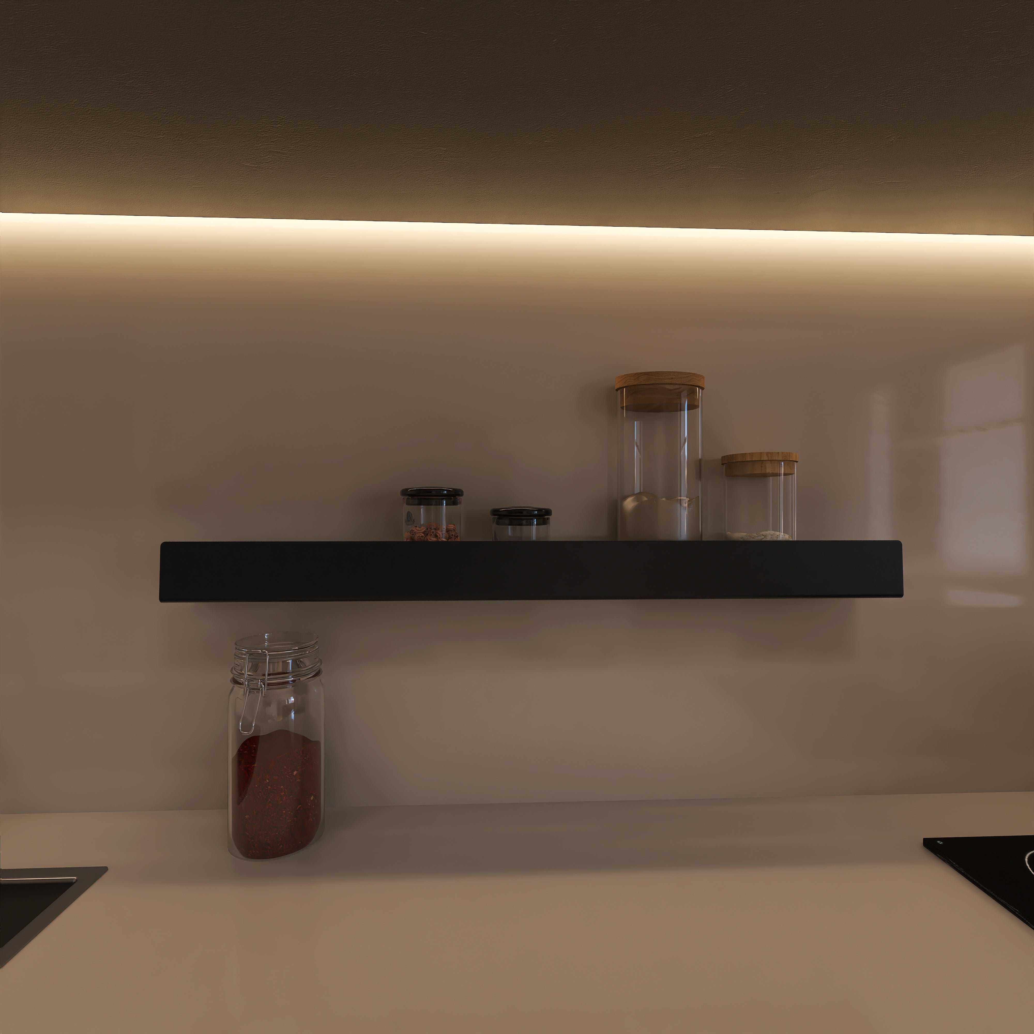 Poliță metalică LINE 3 montată în bucătărie modernă pentru organizare condimente 