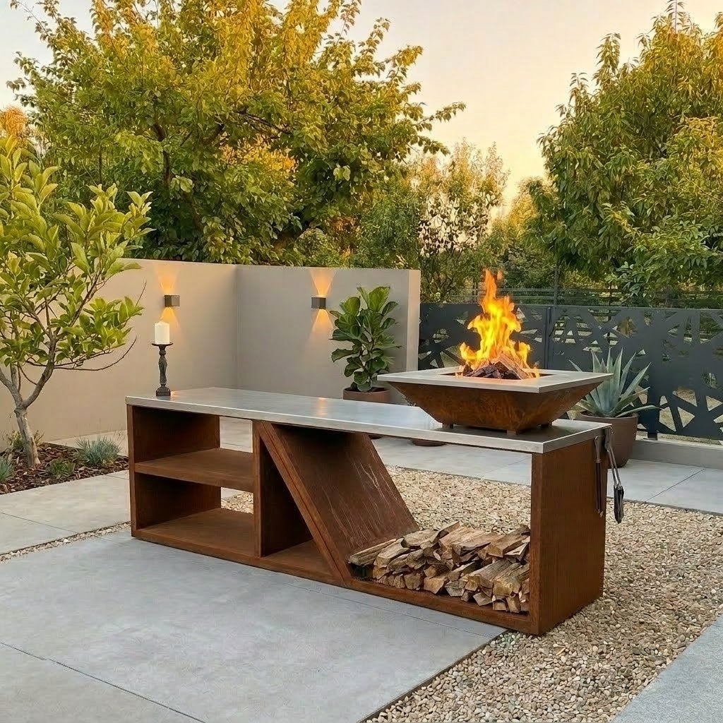 Set complet bucătărie modulară FLAME din corten cu suprafață de lucru inox, instalată pe terasă sau în grădină
