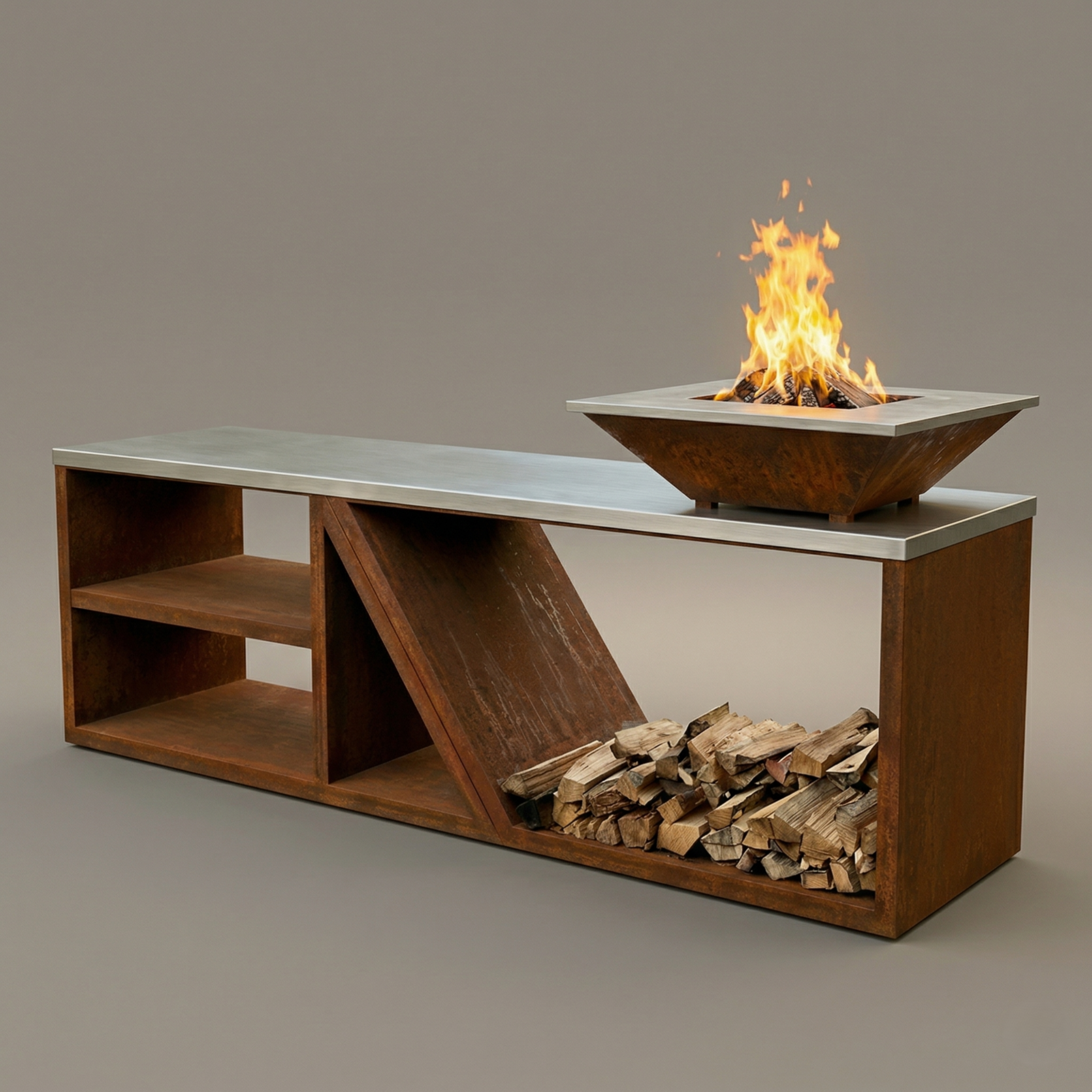  Bucătărie modulară de exterior FLAME set complet, corten și inox, vedere generală, configurație completă pe terasă
