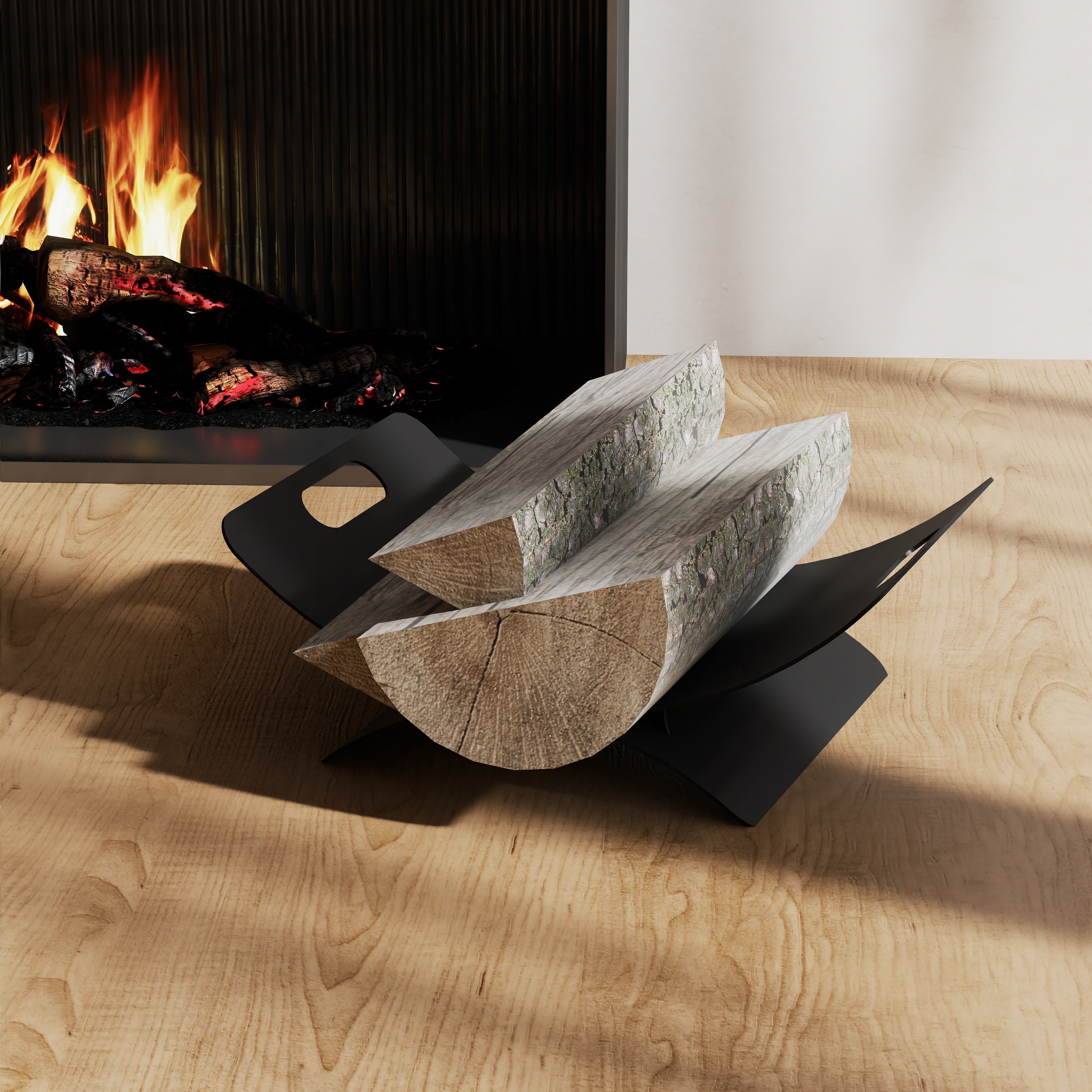 Cos pentru lemne din otel vopsit electrostatic, model C, 50x35x18 cm, design minimalist, ideal pentru semineu