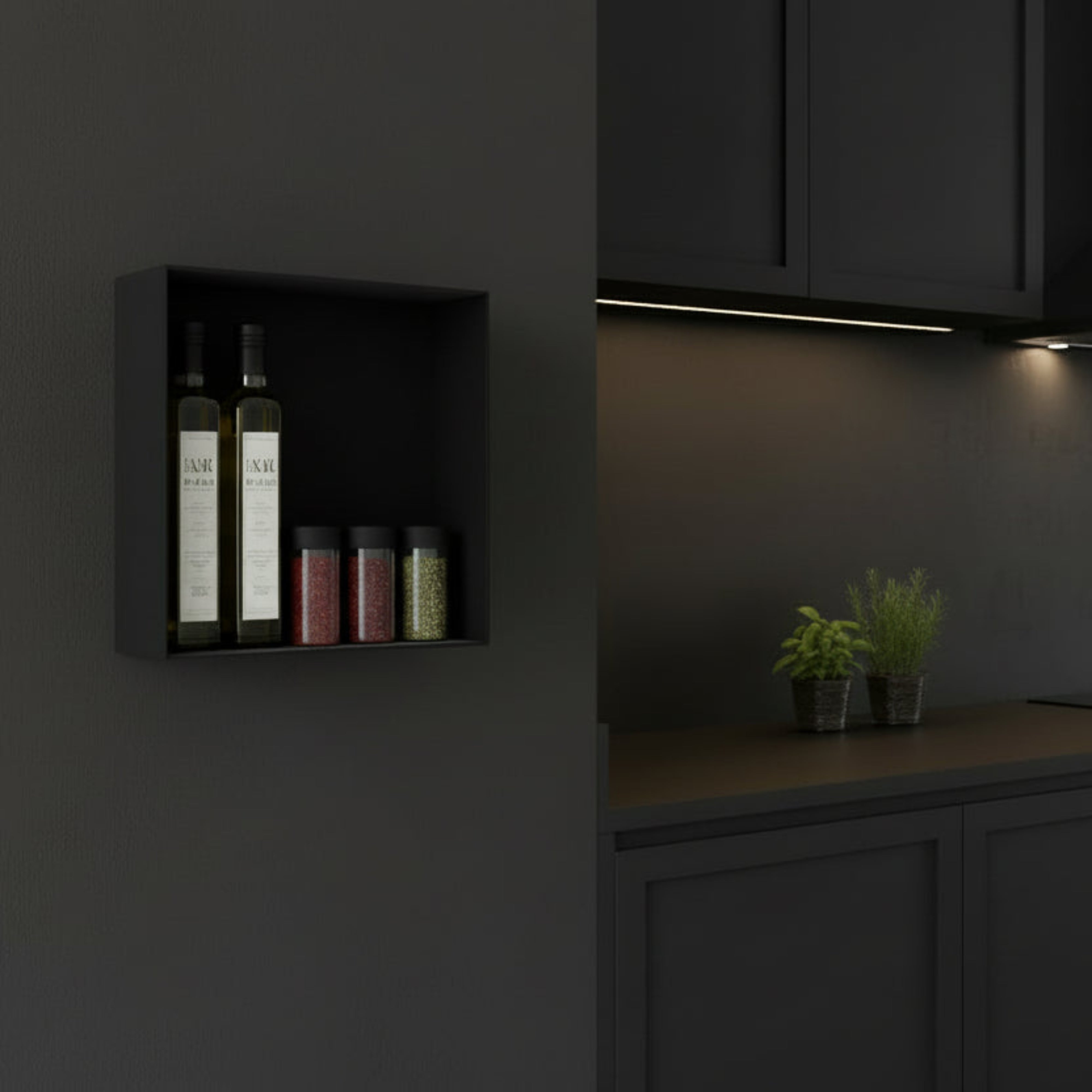 Etajeră aluminiu FRAME pentru bucătărie - design modern minimalist, finisaj negru mat, montaj pe perete