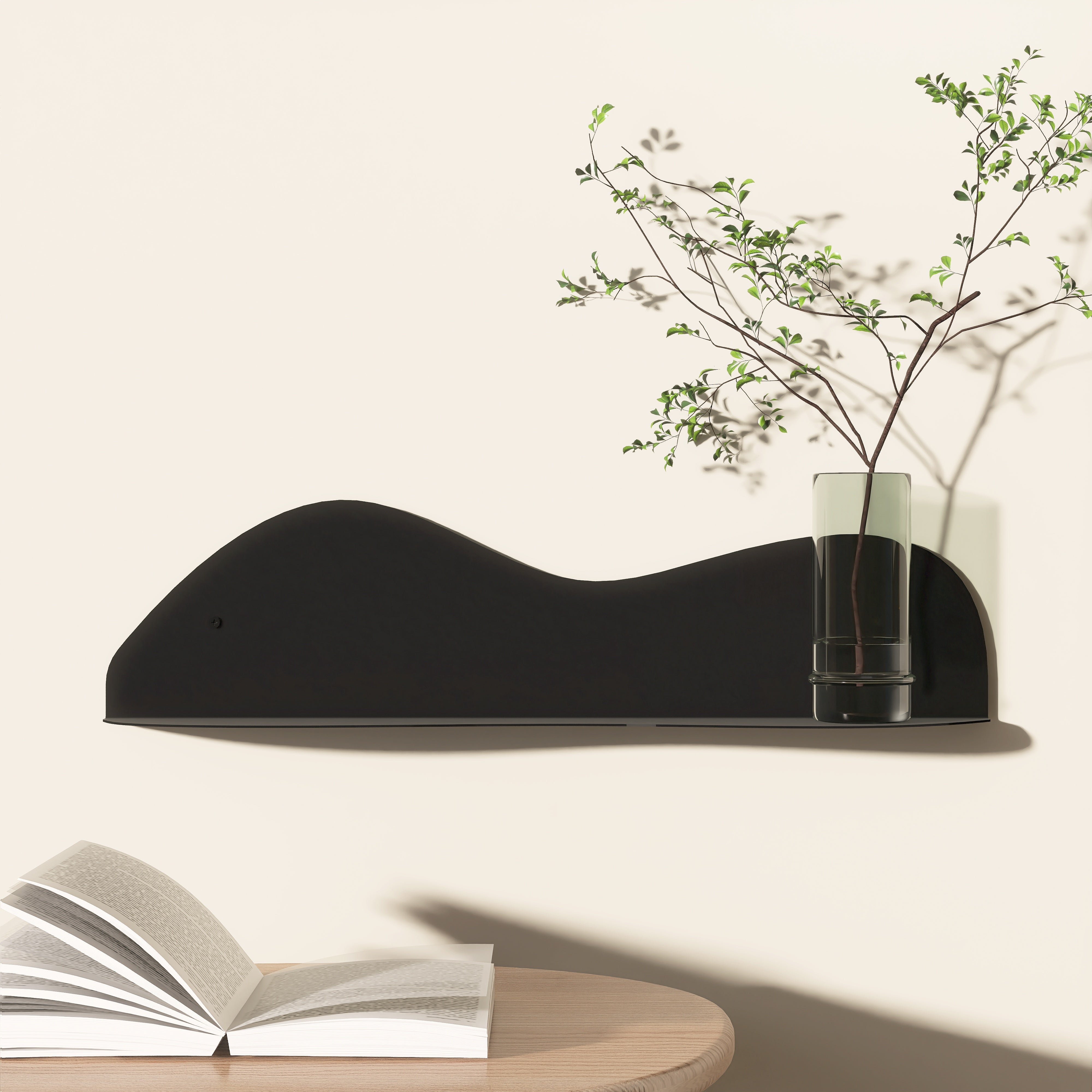 Etajera metalica Dune din aluminiu vopsit electrostatic, cu design organic si fluid – ideala pentru living, hol, dormitor sau baie.

