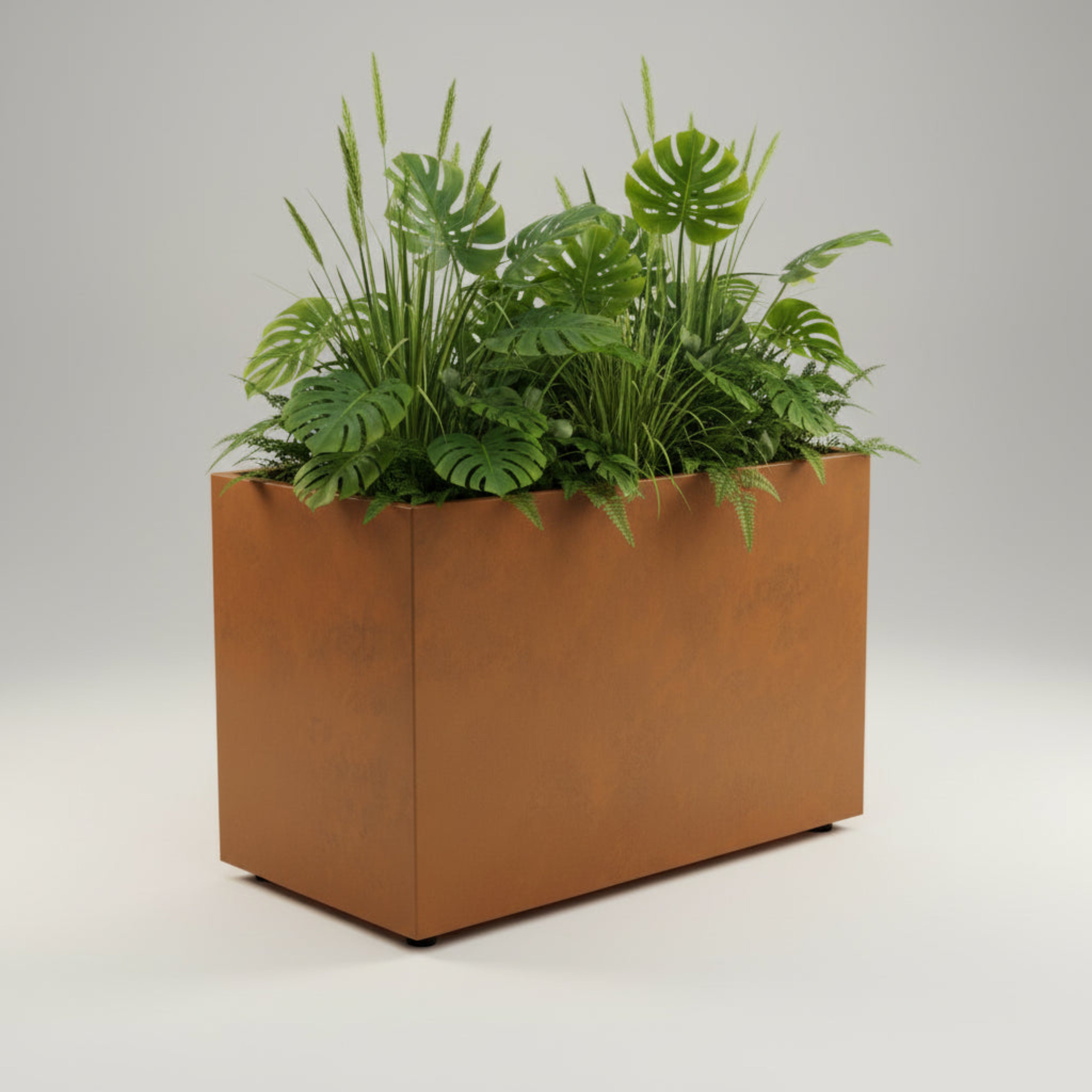  Jardinieră din oțel FOREST cu ghivece interioare din metal incluse, piciorușe reglabile, disponibilă în negru texturat, antracit și corten
