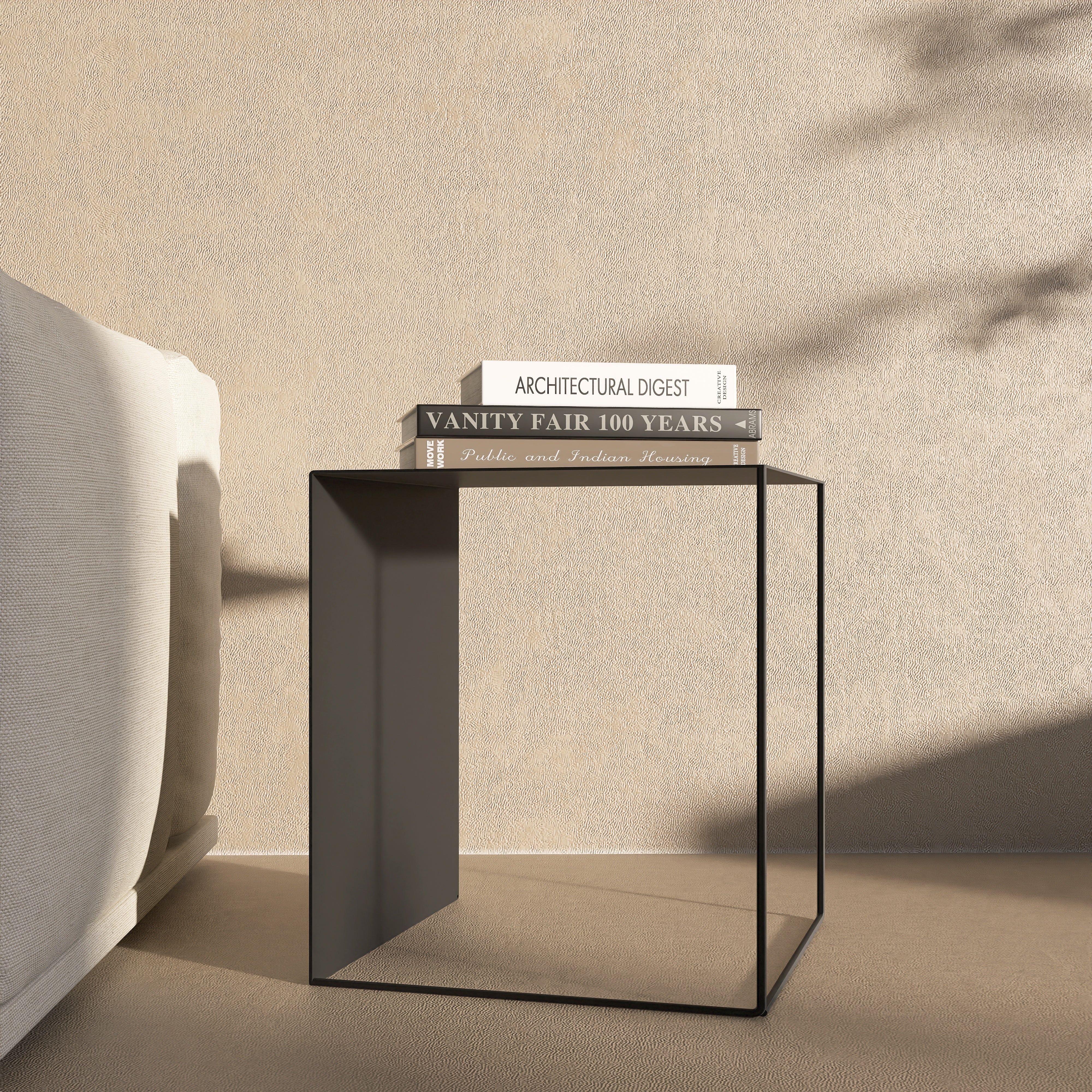 Masuta Geometry din aluminiu, design minimalist si structura moderna, ideala ca noptiera sau suport decorativ