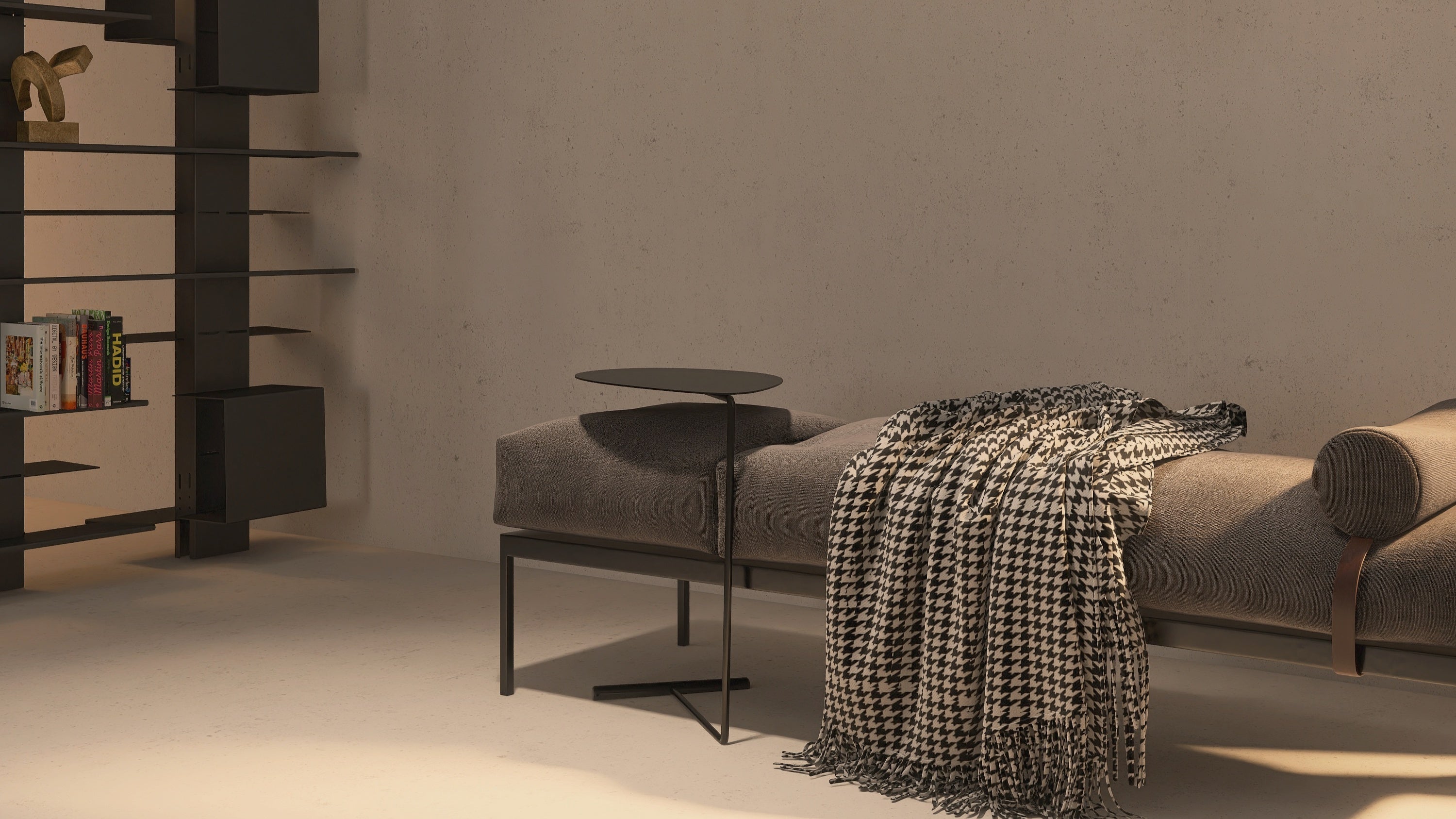 Masuta metalica LEAF cu design minimalist, ideala pentru interior sau exterior; potrivita ca masuta de cafea, noptiera sau suport decorativ.