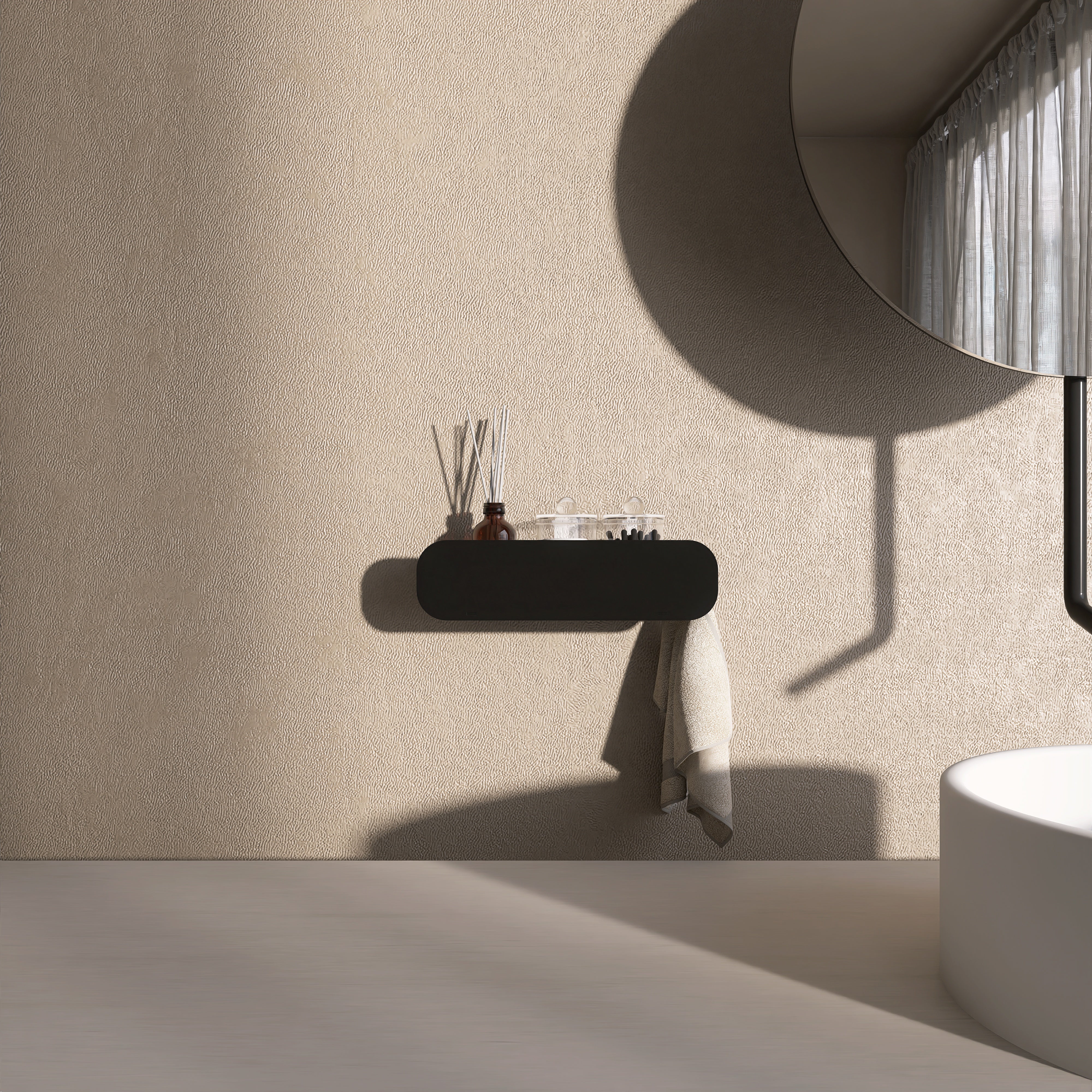 Polita metalica HIDE 5 pentru baie, cu agatatori laterale pentru prosop, design modern, dimensiune 30 cm
