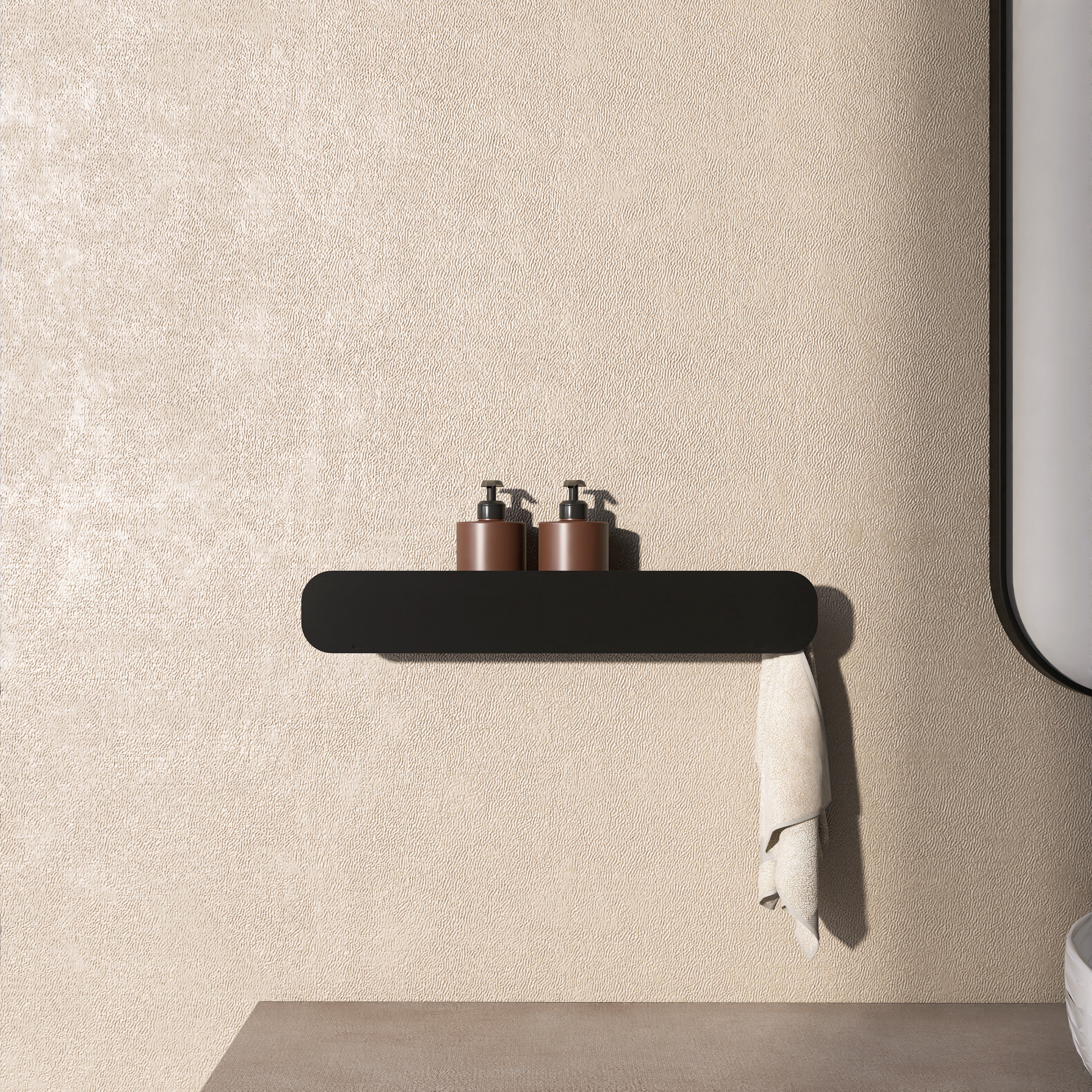 Polita metalica HIDE 5 pentru baie, cu agatatori laterale pentru prosop, design modern, dimensiune 50 cm