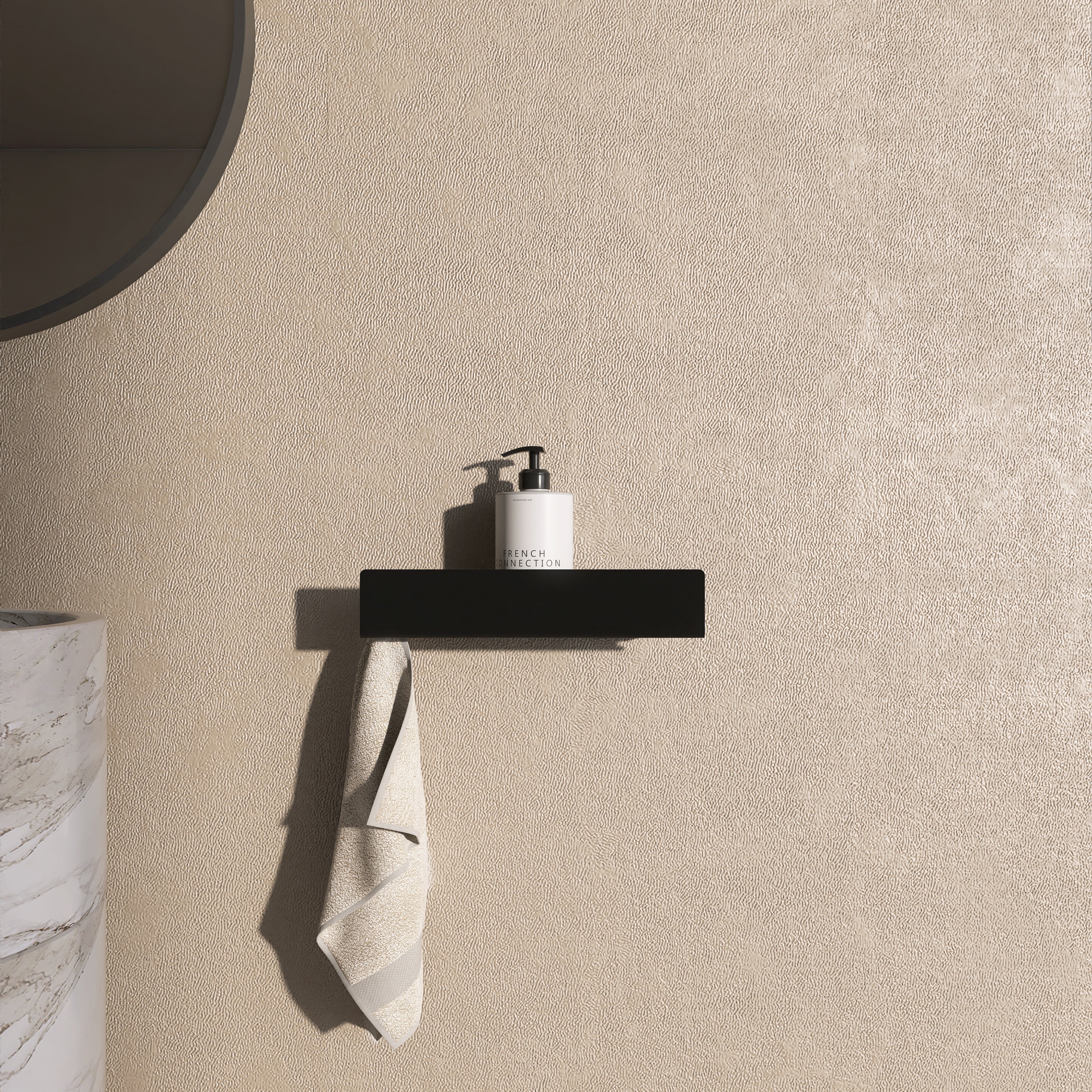 Polita metalica LINE 5 pentru baie, cu agatatori laterale pentru prosop, design minimalist, 30 cm