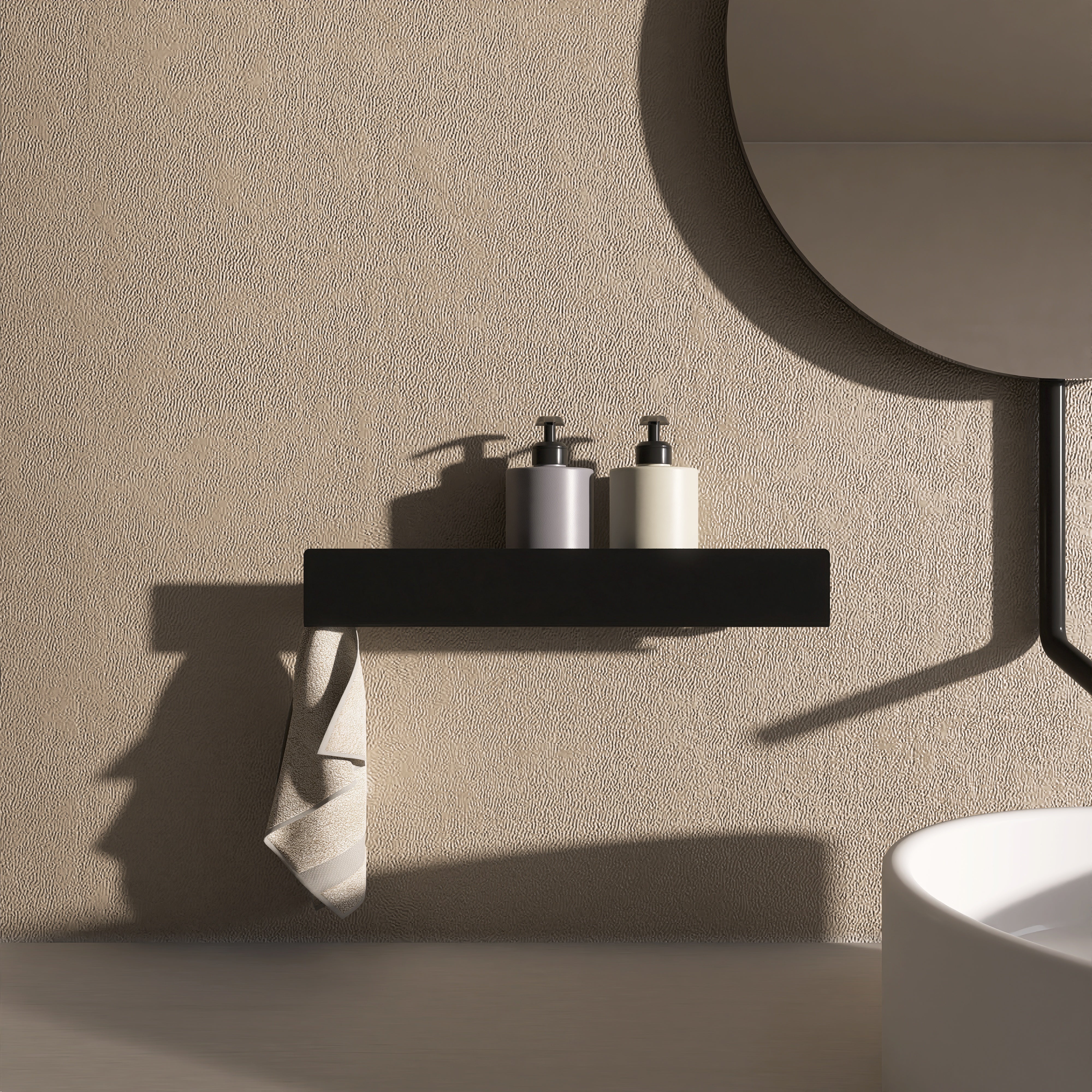 Polita metalica LINE 5 pentru baie, cu agatatori laterale pentru prosop, design minimalist, 40 cm