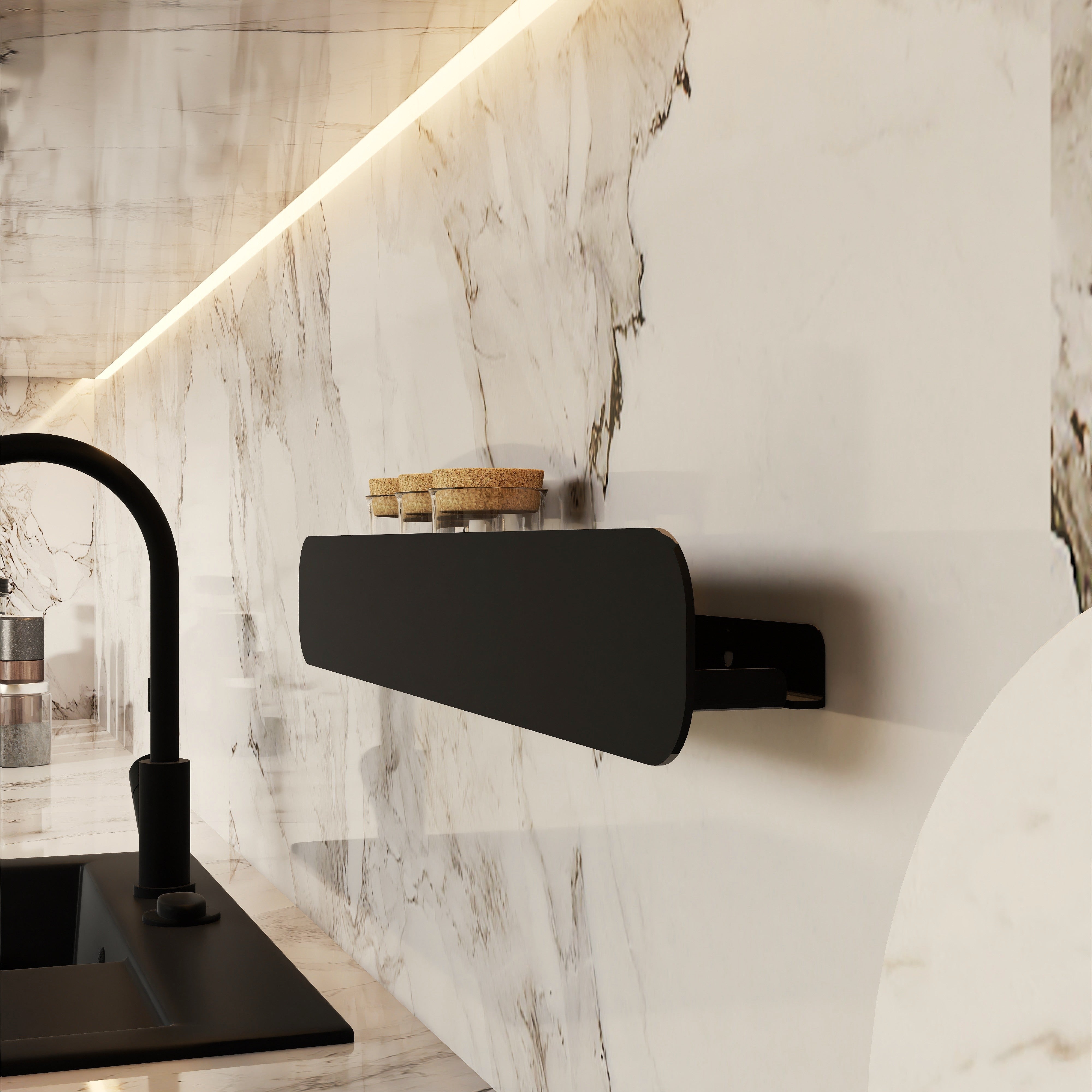 Polița metalică HIDE 3 din aluminiu vopsit electrostatic, suport elegant pentru organizarea bucătăriei moderne