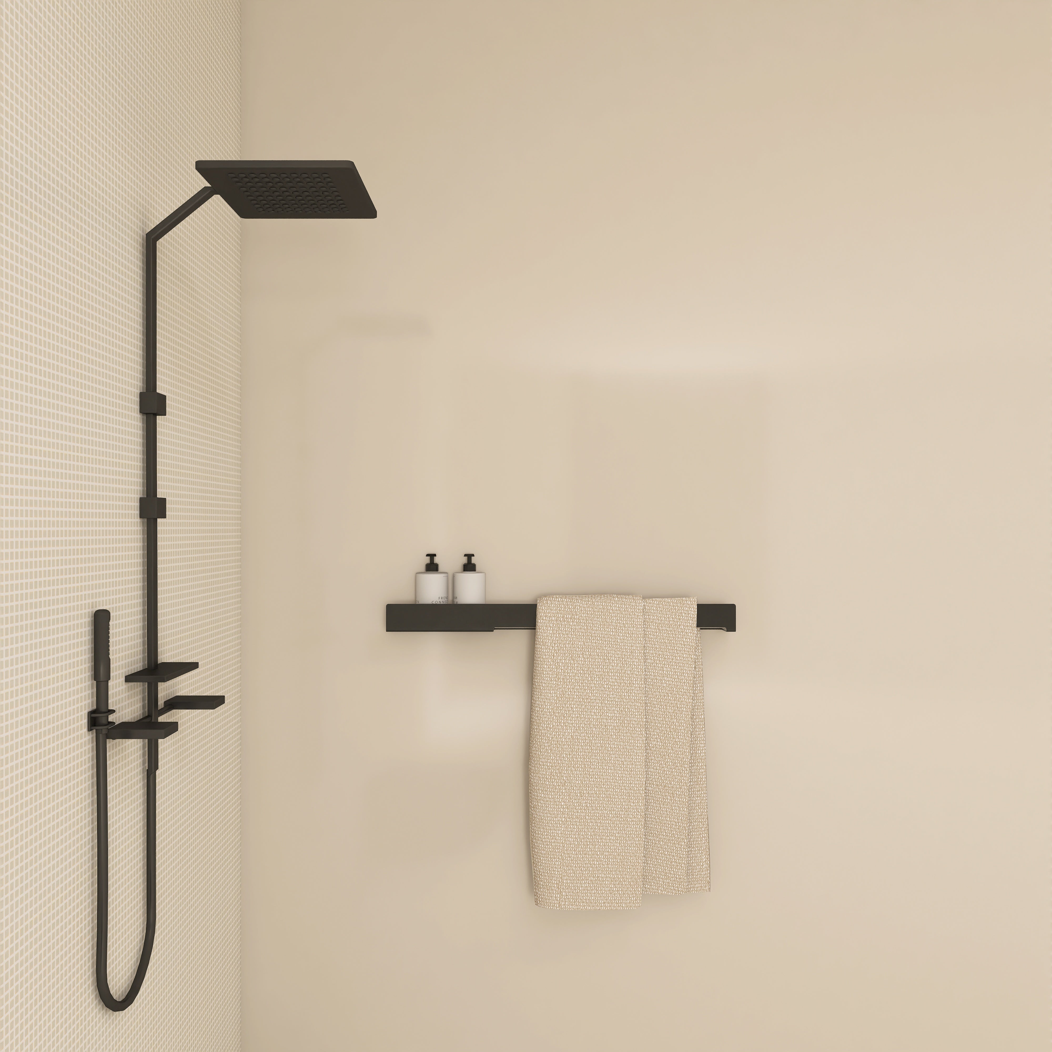 Polita metalica LINE 4 – raft elegant din aluminiu, ideal ca etajera si suport pentru prosoape si produse de igiena, perfecta pentru o baie ordonata si moderna.

