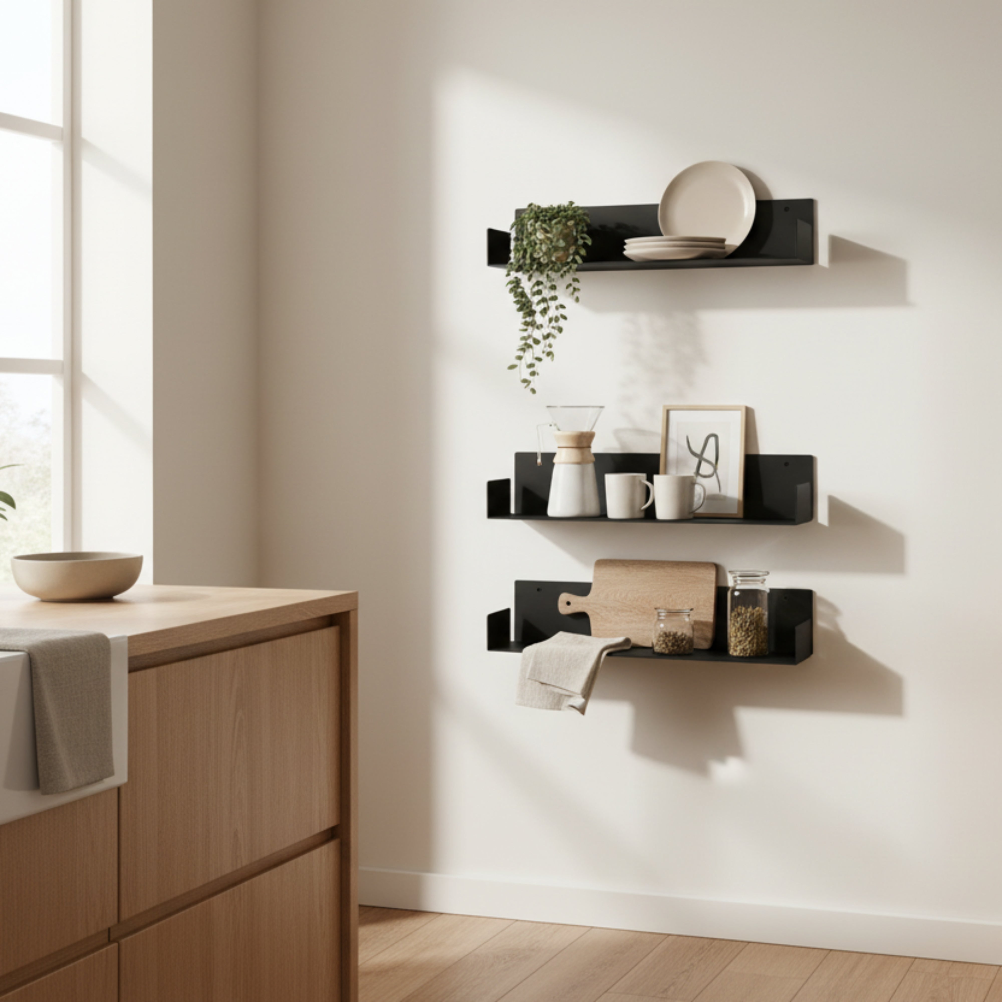 Set de 3 etajere din aluminiu, vopsite electrostatic, pentru organizare eficientă și estetică in bucătărie