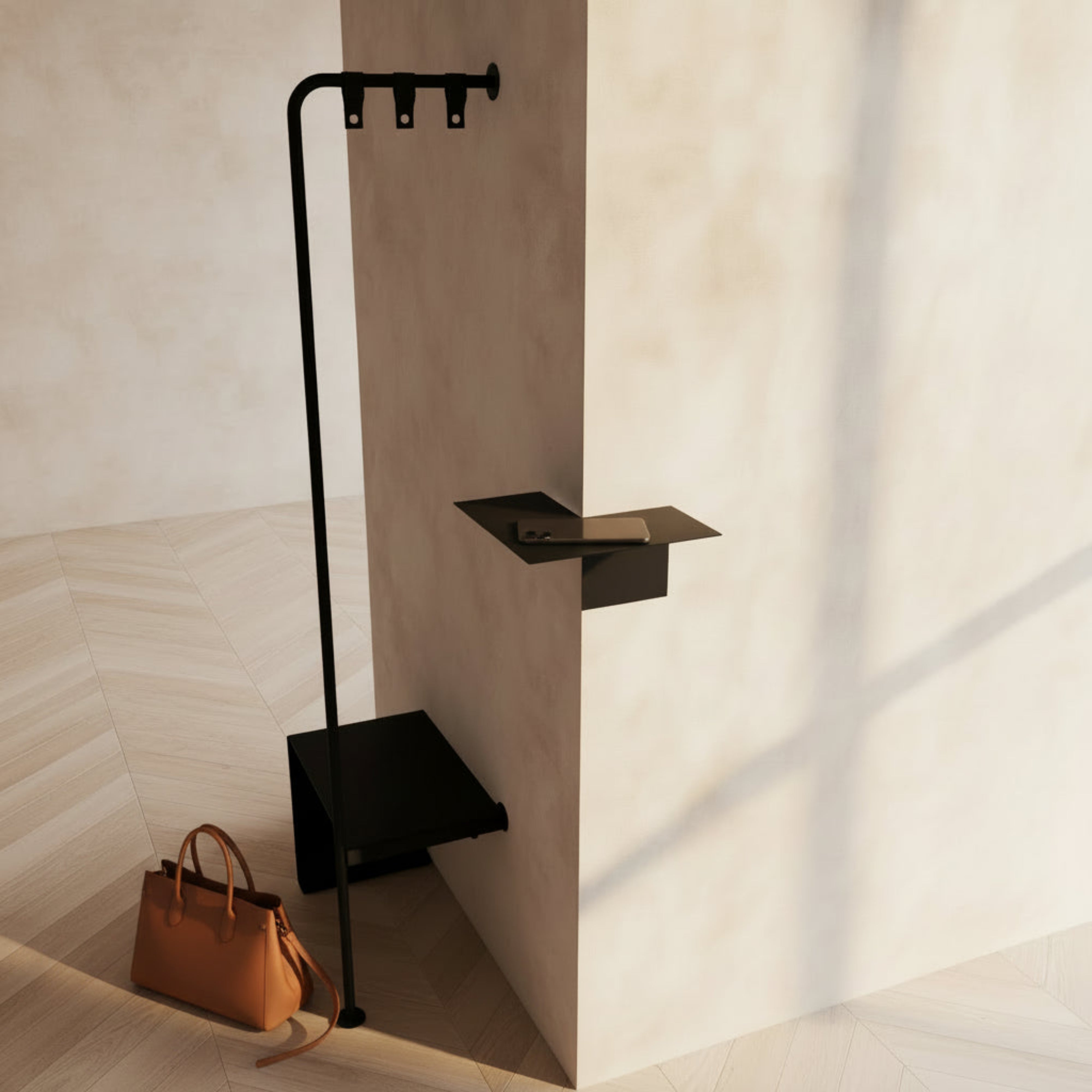 Set cuier WELCOME și etajeră SQUARE - combinație perfectă pentru holul modern, aluminiu ușor și piele naturală premium

