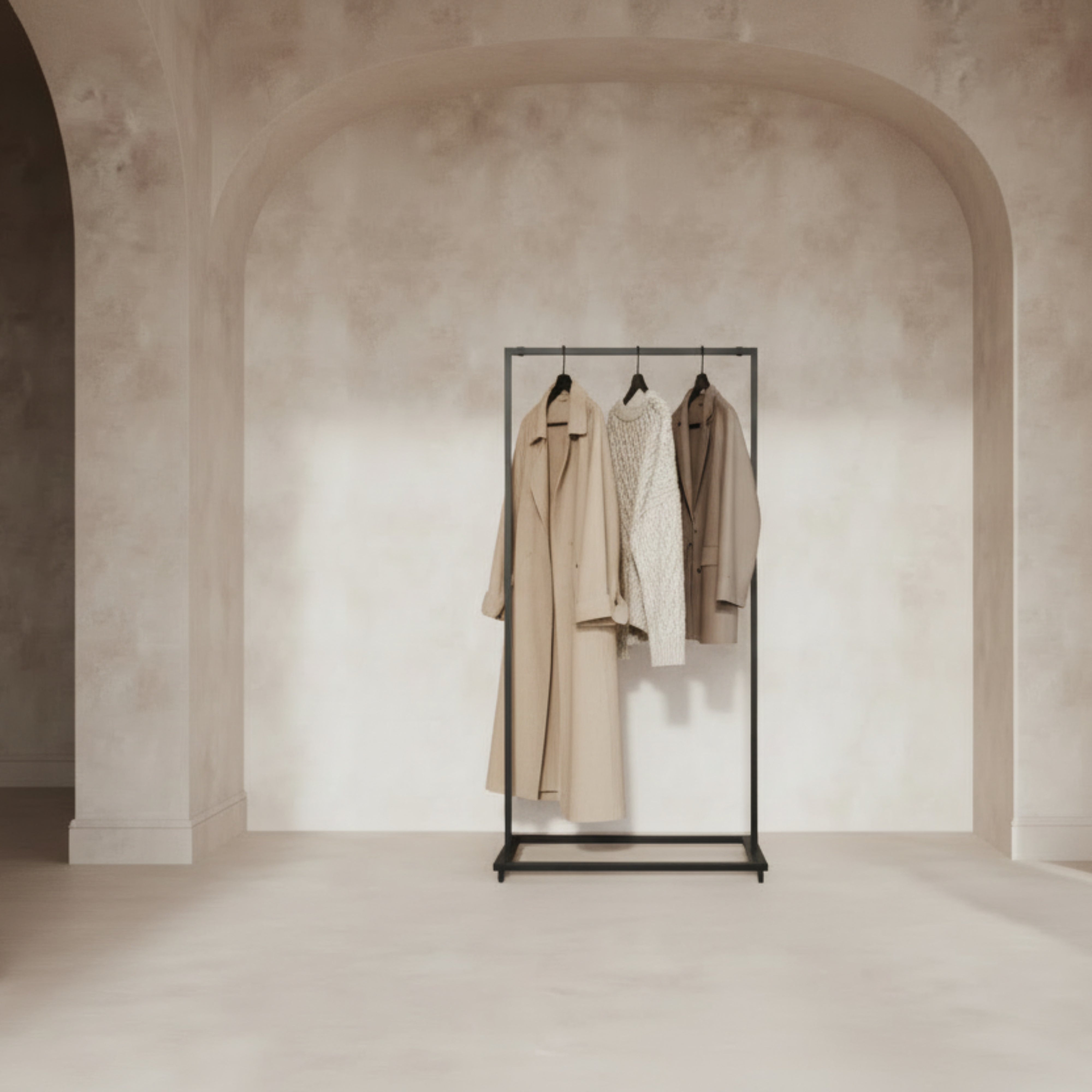 Set suport S1 și umerașe LINE - versatilitate totală, se mută ușor în hol sau dressing, construcție solidă din oțel
