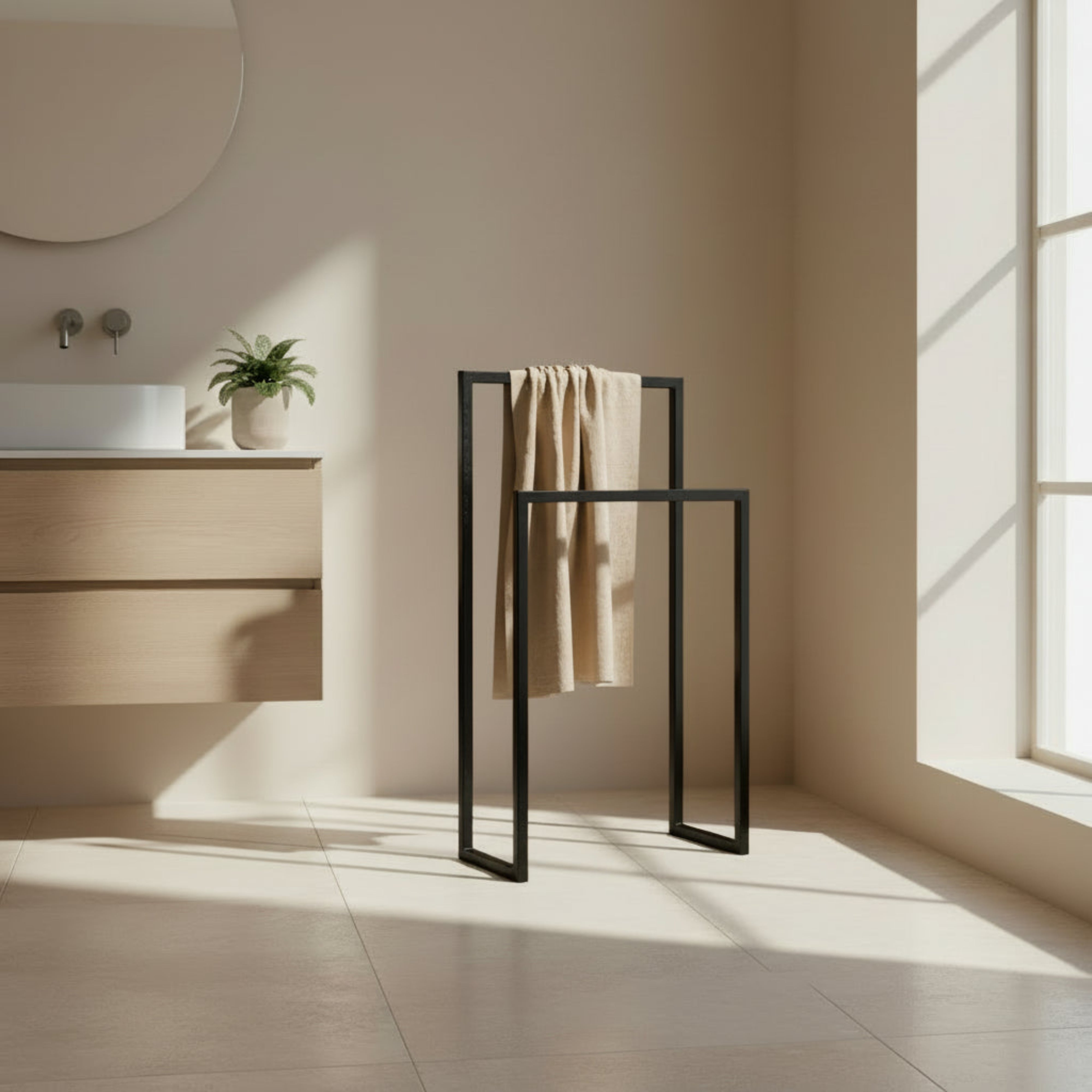 Suport prosoape DUO oțel - design geometric simplu, două bare, freestanding

